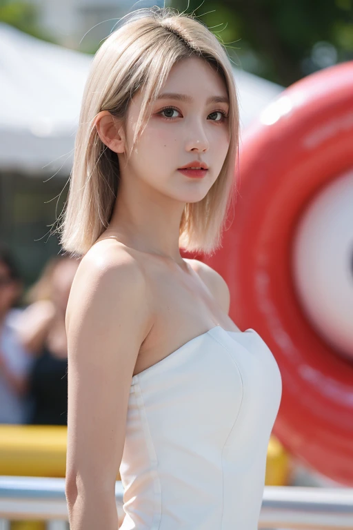 masterpiece, best quality, ultra-detailed, ultra high res, (photorealistic:1.4), raw photo, (realistic:0.2), 8k HDR, realistic cool temperature lighting, (asian:0.2), 1girl, solo, asymmetrical platinum blonde hair, outdoor, day, (fashion show event:1.2), bokeh, (detailed lips), (detailed pores), (detailed skin textures), (detailed face:1.2), (upper body:1.2), a woman in a white strapless tube dress, promotional image, a character portrait,