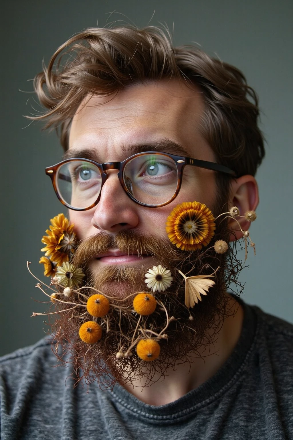 dr13d_fl0w3r5, a man wearing glasses beard made of dried flowers