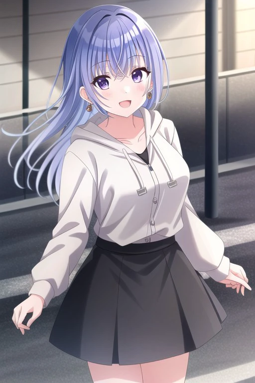 (masterpiece), suzuki hana, long hair, blue hair, purple eyes, 1girl, solo, skirt, black skirt, smile, jewelry, looking at viewer, shirt, earrings, open mouth, hood, long sleeves