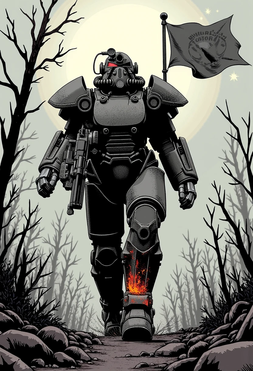 Imagine an image in the style of a gritty graphic novel: The T51 strides through the charred remains of a once-thriving forest. Burnt trees stand like skeletal fingers against a grey sky. The armor is covered in ash, with embers still glowing on its surface. A broken Brotherhood of Steel flag flutters weakly behind, symbolizing a fallen era.