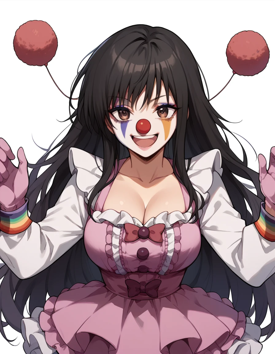 score_9, score_8_up, score_7_up, source_anime, <lora:yui-kotegawa-darkness-ponyxl-lora-nochekaiser:1>, yui kotegawa, black hair, brown eyes, long hair, large breasts, <lora:clown-ponyxl-lora-nochekaiser:1>, clown, makeup, clown nose, facepaint, gloves, long sleeves, frills, dress,, smile, open mouth, smug,, cowboy shot