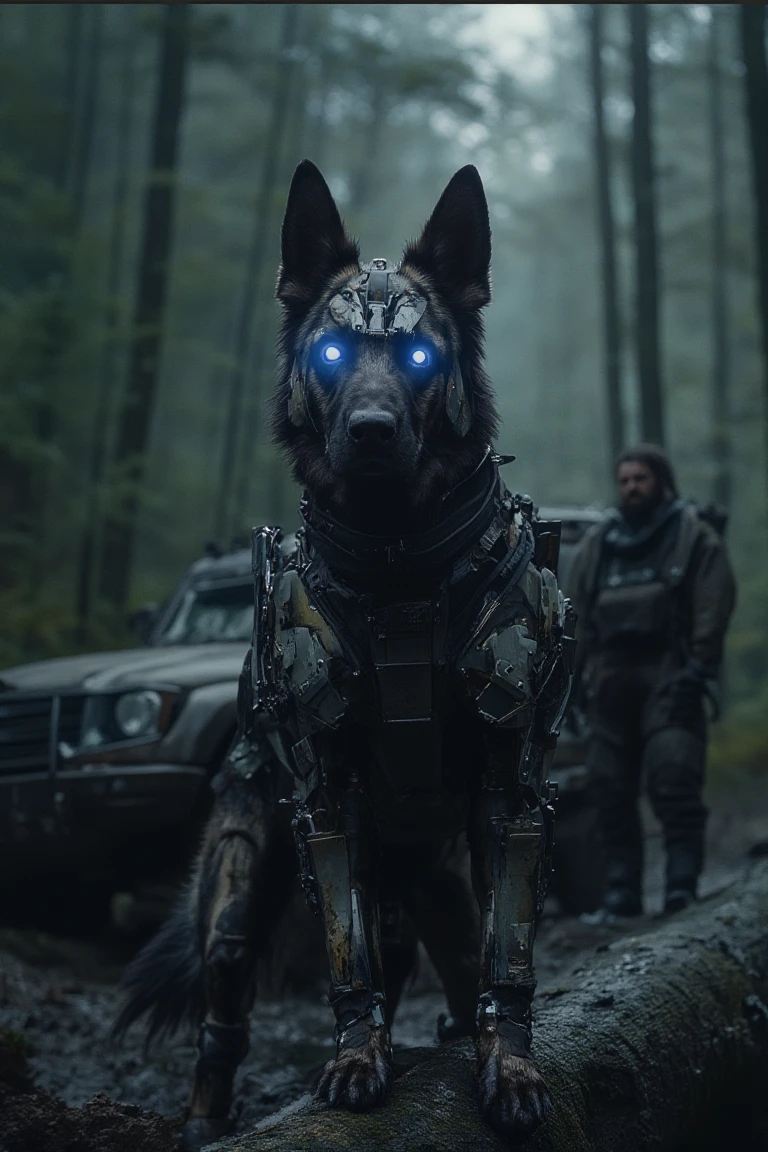 "A cybernetic dog standing on a fallen log in a misty, dense forest. The dog, resembling a German Shepherd, is outfitted with advanced mechanical armor, its body covered in metallic enhancements, with glowing blue eyes that emit a bright, futuristic light. The scene is gritty, with mud and rain, creating a dark and atmospheric vibe. Behind the dog, a rugged figure in tactical gear stands near a weathered SUV, watching over the surroundings. The overall tone is post-apocalyptic and militaristic, blending nature and technology in a misty, foreboding forest environment."