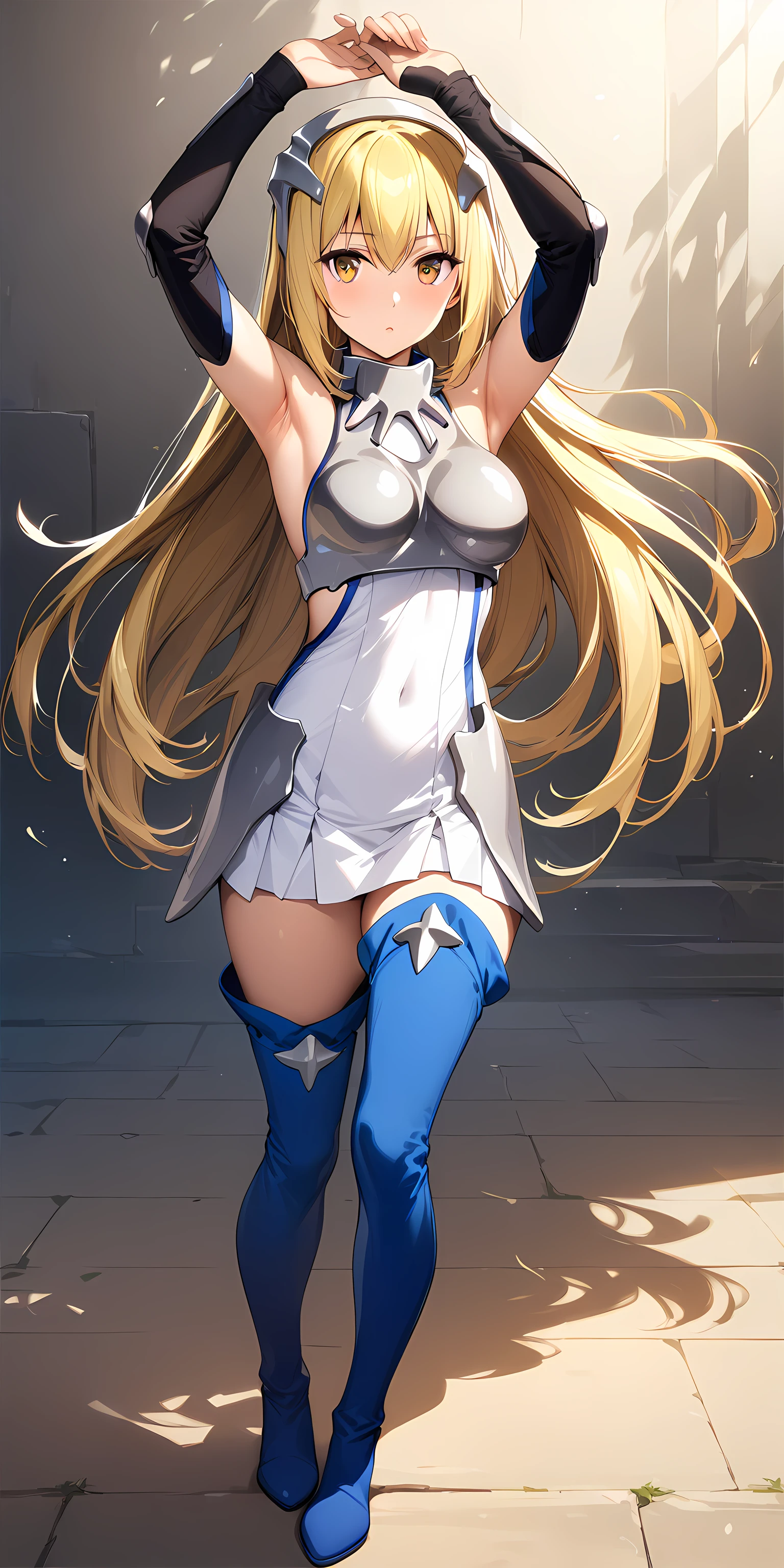 ais_wallenstein, 1girl, solo, blonde hair, long hair, yellow eyes, medium breasts, armor, armpits, white background, looking at viewer, both arm up, simple background, breastplate, dress, blue thigh boots, full body<lora:Ais_Wallenstein:1>, (masterpiece),(best quality),(ultra-detailed),(best illustration),(best shadow),(absurdres),(detailed background),(very aesthetic),