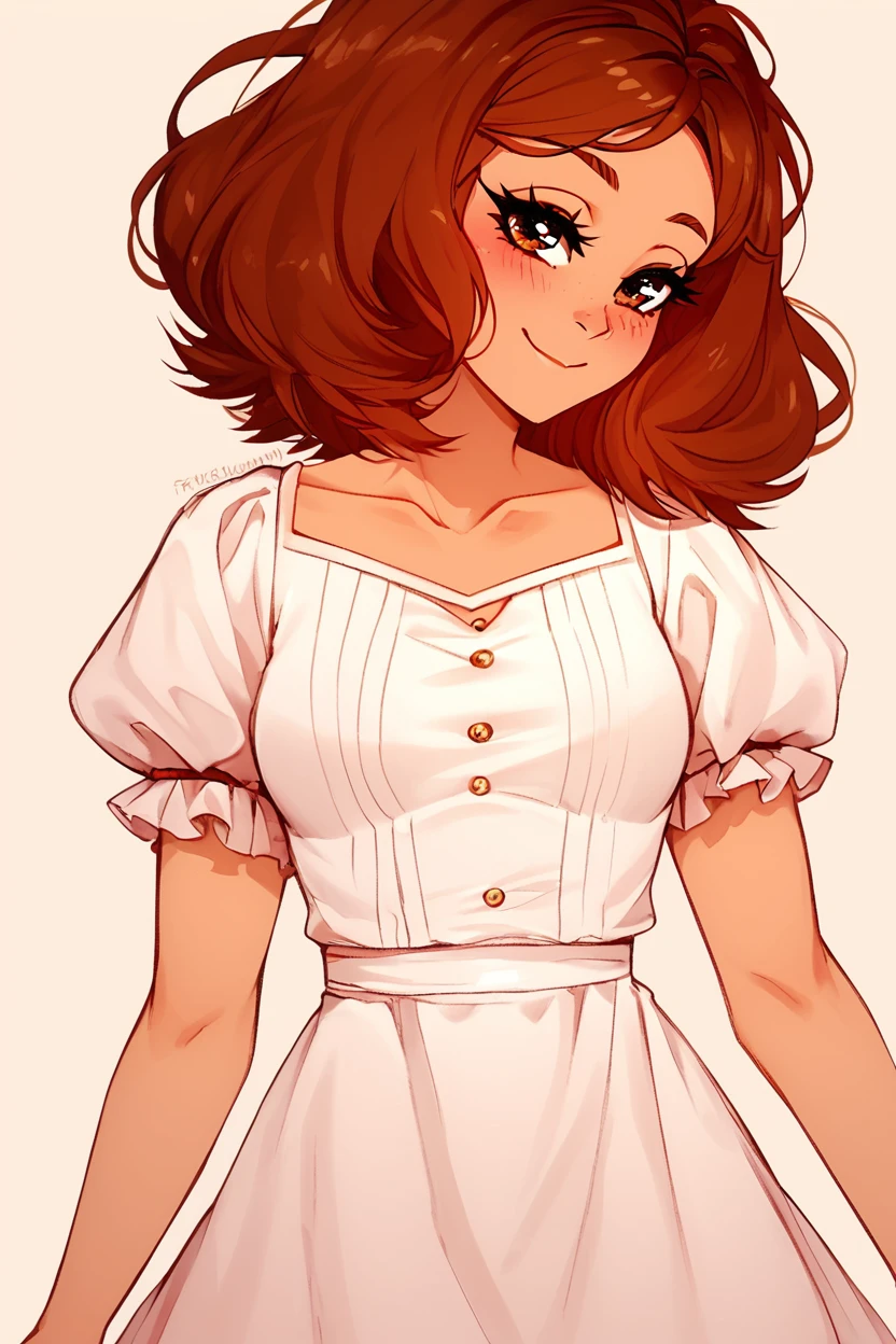 score_9, score_8_up, score_8, medium breasts, (curvy), cute, eyelashes,       BREAK, , zzEdel, brown eyes, medium hair, brown hair, short hair,   dress, collarbone, puffy short sleeves, <lora:EdelFrieren_PDXL:1.0>,  , BREAK, smile, closed mouth, looking at viewer, cowboy shot, ,,, embedding:zPDXL, Expressiveh, ,,, <lora:Puppypaww_Style_PDXL_v2:0.8>, <lora:SDXLFaeTastic2400:0.5>, <lora:Expressive_H-000001:0.4>,