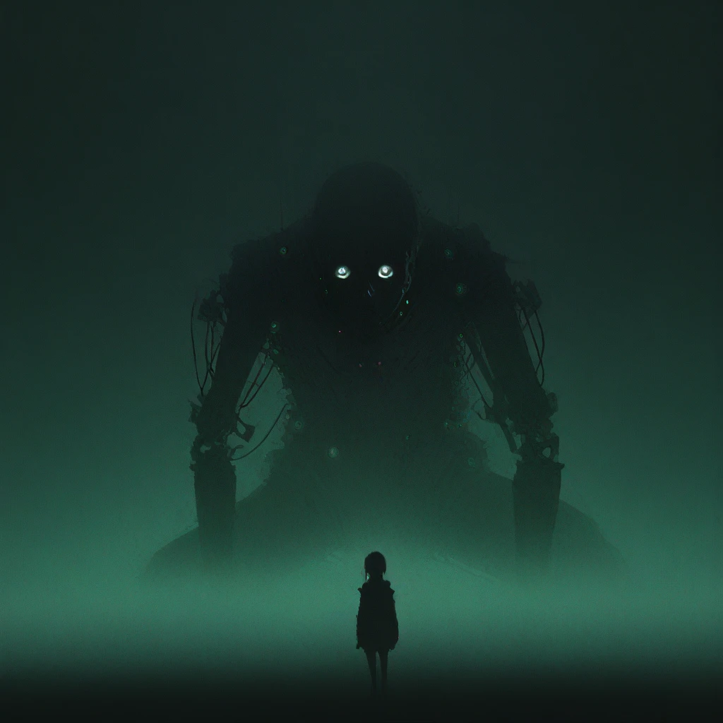 masterpiece, best quality, 1girl,  BREAK, CR33P1NGF0G, fog, foggy, haze, 1girl, anime, horror_(theme), mechanical, cyberpunk, lights, glowing, depth of field, bokeh