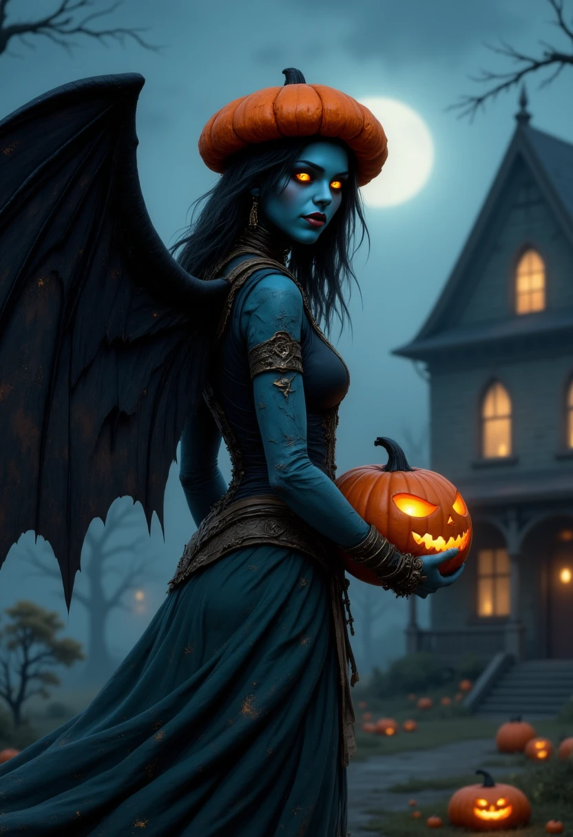 hellguardianoween, wings, blue skin woman , posing for a photo , holding pumpkin, fullbody shot,A dark Halloween night with a spooky, haunted house in the background. A woman flying over a hunted house, with a sense of eerie anticipation in the air., creepy , high quality, looking at the viewers, detailed face, photorealistic effect, 8k, glowing orange eyes. side view. <lora:FLUX_HellGuardianoween_LoRA:1>