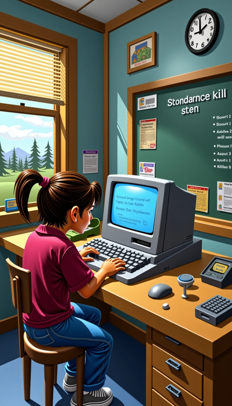 90s classroom with kids playing Oregon Trail on old computers <lora:Everly Heights CD-ROM SceneCraft FLUX:1> Retro Windows 95 desktop cluttered with pixel art icons and old software windows <lora:Everly Heights CD-ROM SceneCraft FLUX:1>