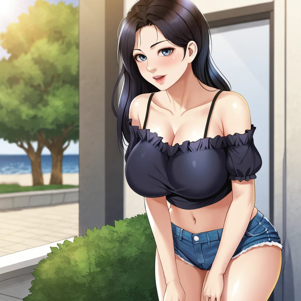 <lora:chaerin_pony_v1:.8>  ChaeRin, 1girl, large breasts, short shorts, navel, cleavage, long hair, midriff, bare shoulders, off-shoulder shirt, off shoulder, black hair, black shirt, denim shorts, collarbone, crop top, blue eyes, thighs, blue shorts, frills, short sleeves, frilled shirt