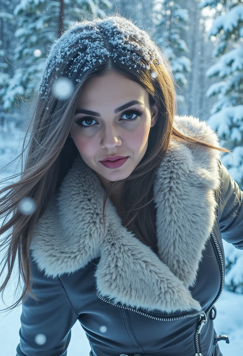 Strategy game style VJ woman,<lora:victoria-justice-lora:1>,fur-trimmed_coat,in winter,snow,ice,snowflakes,mountain, . Overhead view, detailed map, units, reminiscent of real-time strategy video games