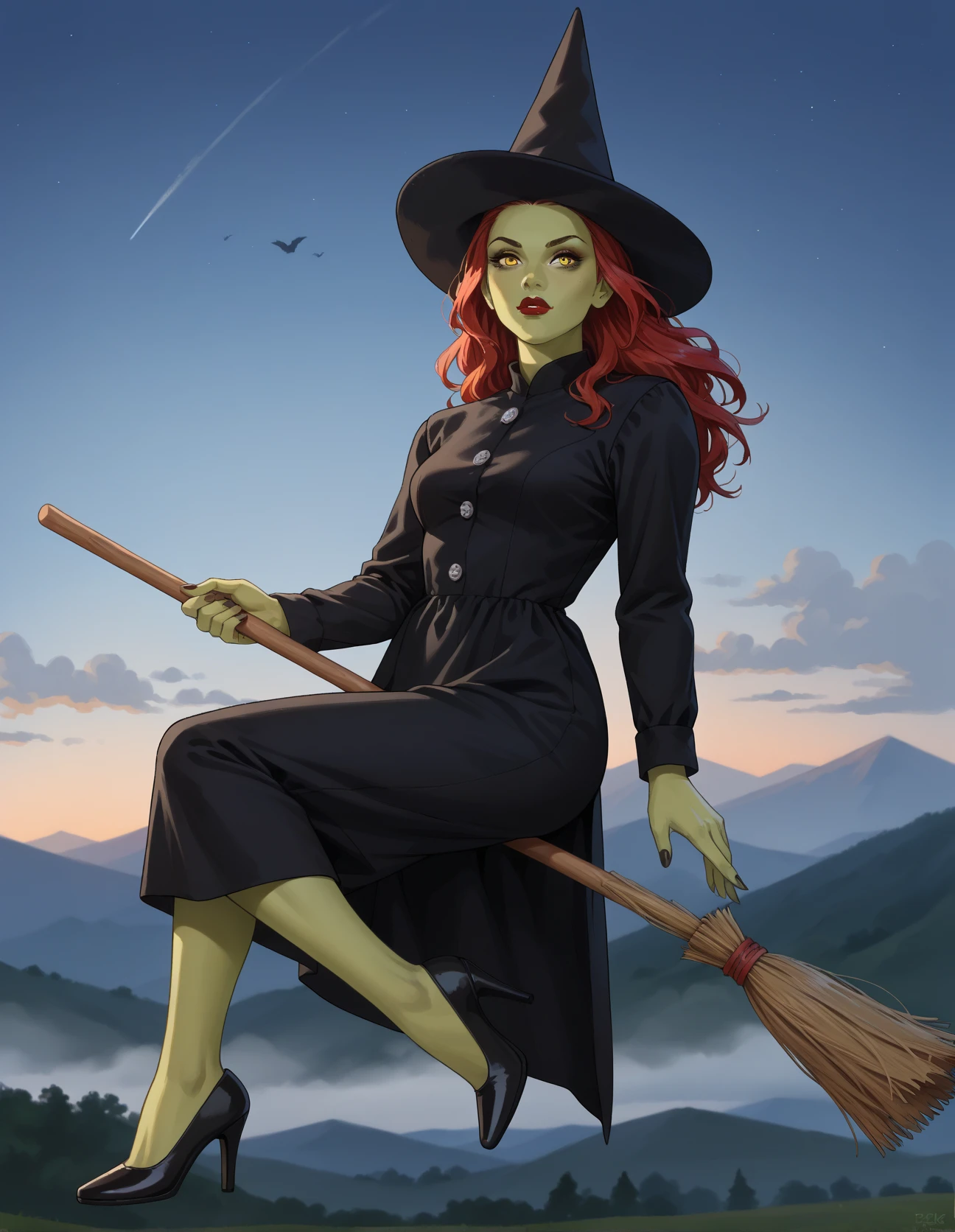 score_9, score_8_up, score_7_up, score_6_up, score_5_up, score_4_up, 1girl, solo, long red hair, green skin, yellow eyes, lipstick, eyeliner, hud_tr4d_w1tch, witch hat, black dress, long sleeves, buttons, high heels, <lora:hud_tr4d_w1tch_XLP:0.6>, hud_br00m, broom, broom riding, <lora:hud_br00m_XLP:0.8>, flying, sky, night