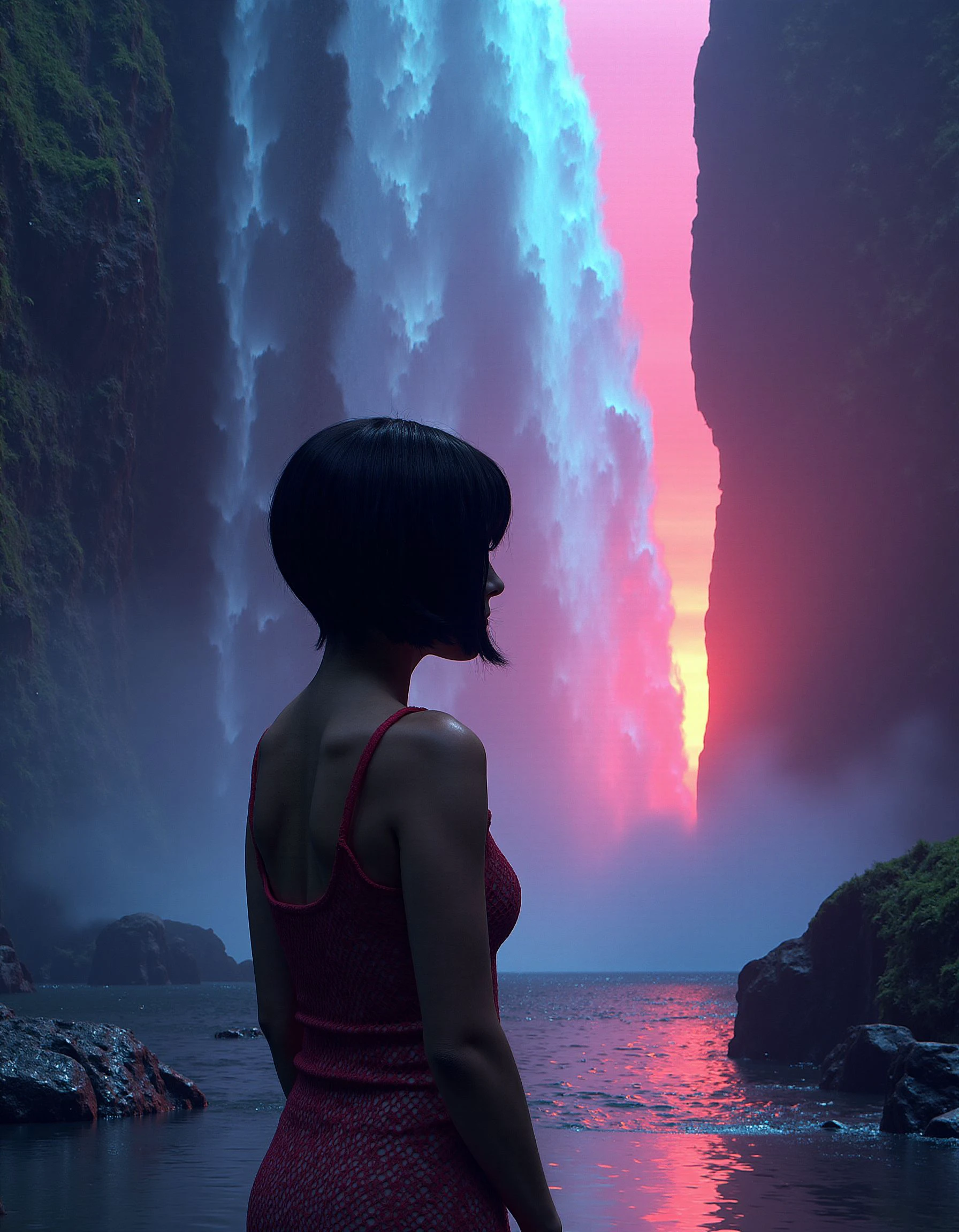 sexy woman <lora:Flux.MariaElenaFuseneco:1.5>,with a short haircut,messy hair, video game concept art, 2d game art, stylized by Adam Martinakis, concept art, landscape of a (The Endless Gate:1.1) and Rainbow over waterfall, majestic, Reflected light, psychedelic colors, womanly, fractal, epic, perfect background, rich deep colors, ambient background, dynamic composition