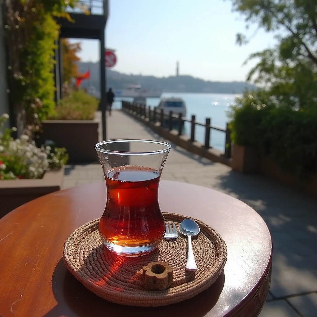 A glass of TurkishTea on a coffee table on the sideway near Bosphorus in Istanbul
 <lora:uai_TurkishTea_FLUX_v105:1>