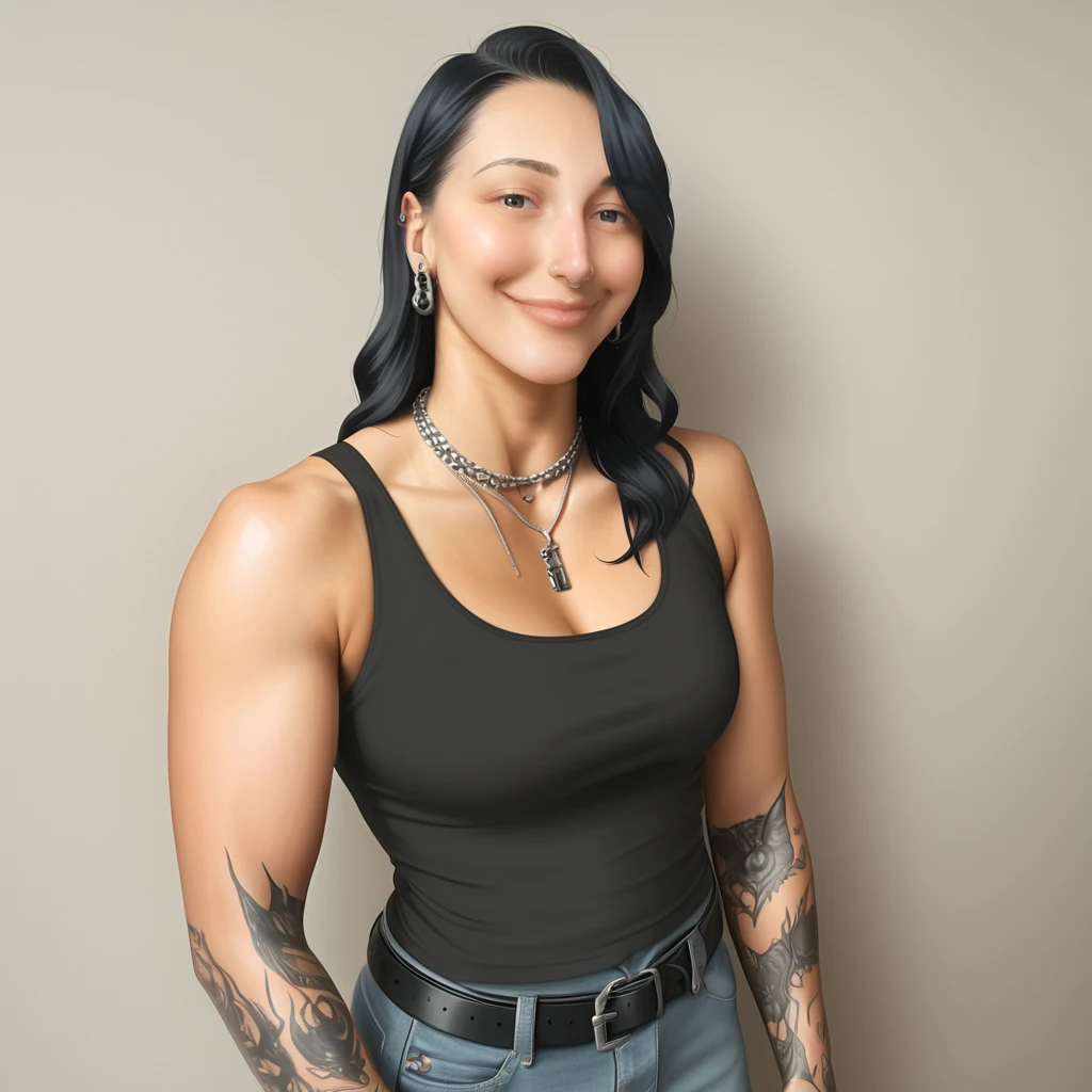 <lora:Pony_Rhea_Ripley:1>, rh3ar1pley, jewelry, tattoo, necklace, black hair, tank top, smile, belt, pants, earrings,long hair, breasts, realistic, looking at viewer, 1girl, upper body, muscular female, closed mouth