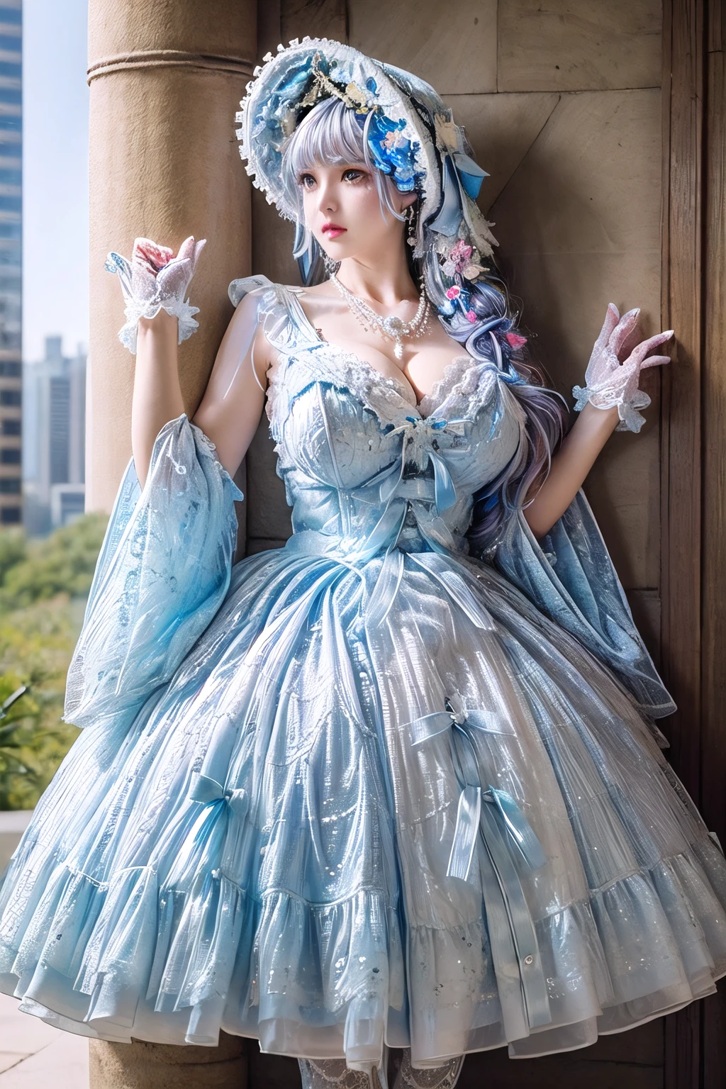 sexy stylish female model, only 1 female, ((doll-like appearance)), ((ultra detailed Victorian-Style boots)), (big smile), ultra detailed eyes, lipgloss, long lashes, defined eyebrows, ((sexy Paradise Kiss cosplay)), bell-shaped skirt, petticoats, high neckline, puffed sleeves, (( ultra detailed lace)), ((ultra detailed embroidery)), intricate details, Paradise Kiss accessoires and matching headpiece, choker, ((large sparkling Paradise Kiss jewelry)), cinematic light, detailed large park background with trees