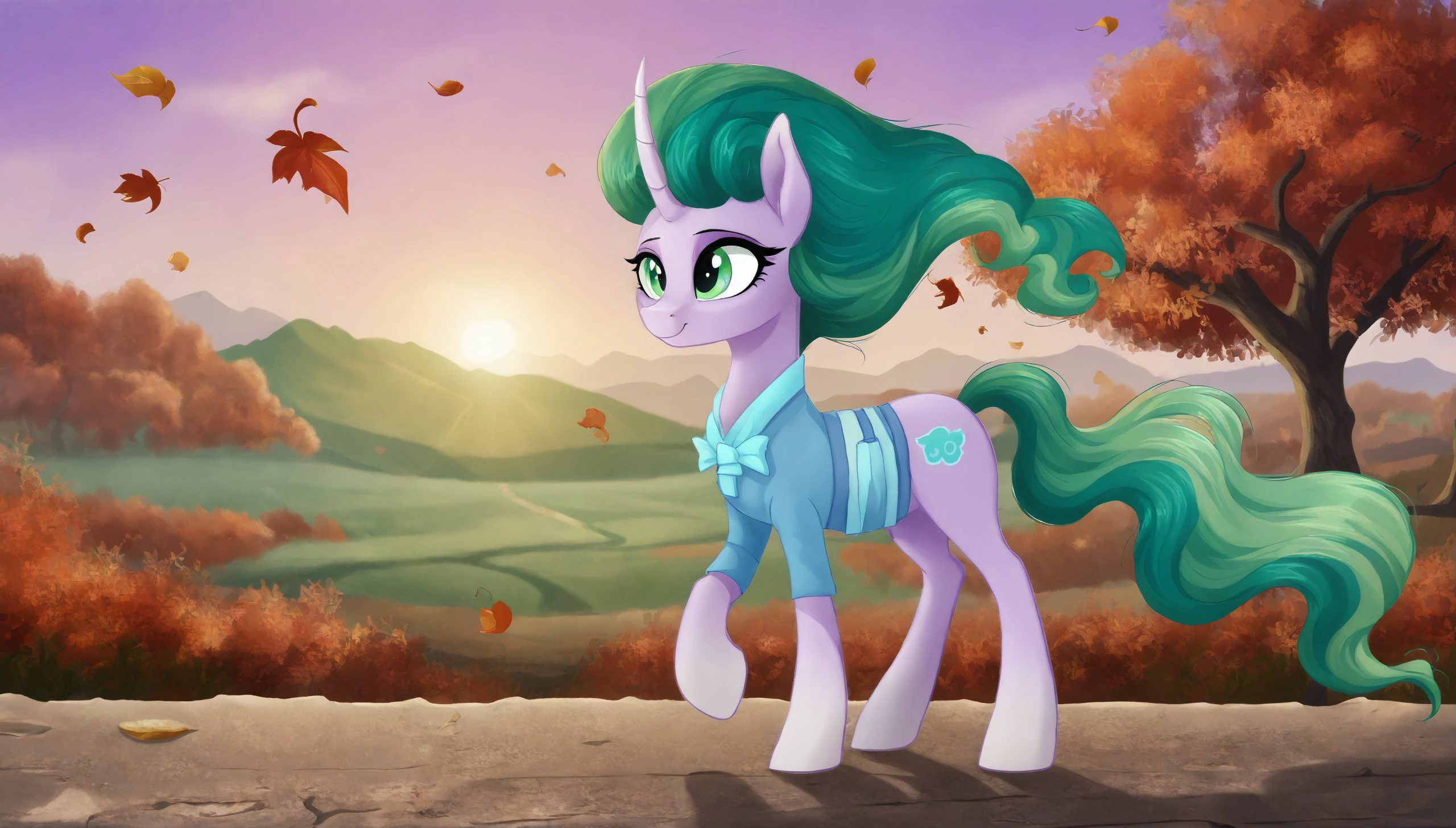 score_9, score_8_up, score_7_up, score_6_up, score_5_up, score_4_up, rating_safe,<lora:Mistmane:1>Mistmane, pony, old woman,  unicorn, female, full body, green eyes, green and red leaves at sunset, in the background, fantasy, professional canvas, triad colours, deep colour, voluminous lighting, shading with dark edges, richly detailed, matte background, octane render style. (cute, pony, small,) (high quality, detailed, beautiful), radiant, adorable face, detailed beautiful eyes, realistic, outstanding, counter shading, detailed soft lighting, cinematic vintage photography.<lora:OtherStyle_01:1> <lora:mlp_g5(1):1> <lora:Wholesome_MLP-v1.2:1>