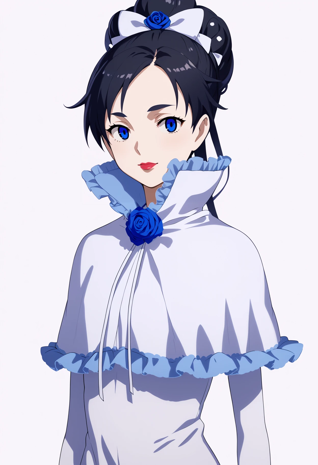 score_9, score_8_up, score_7_up, BREAK
1girl, divabl, blue eyes, black hair, long hair, lipstick, hair bun, ponytail,
hair bow, blue flower, blue rose,
dress, white capelet,
upper body, looking at viewer, solo, simple background, white background   <lora:DivaPDXL_byKonan:1>