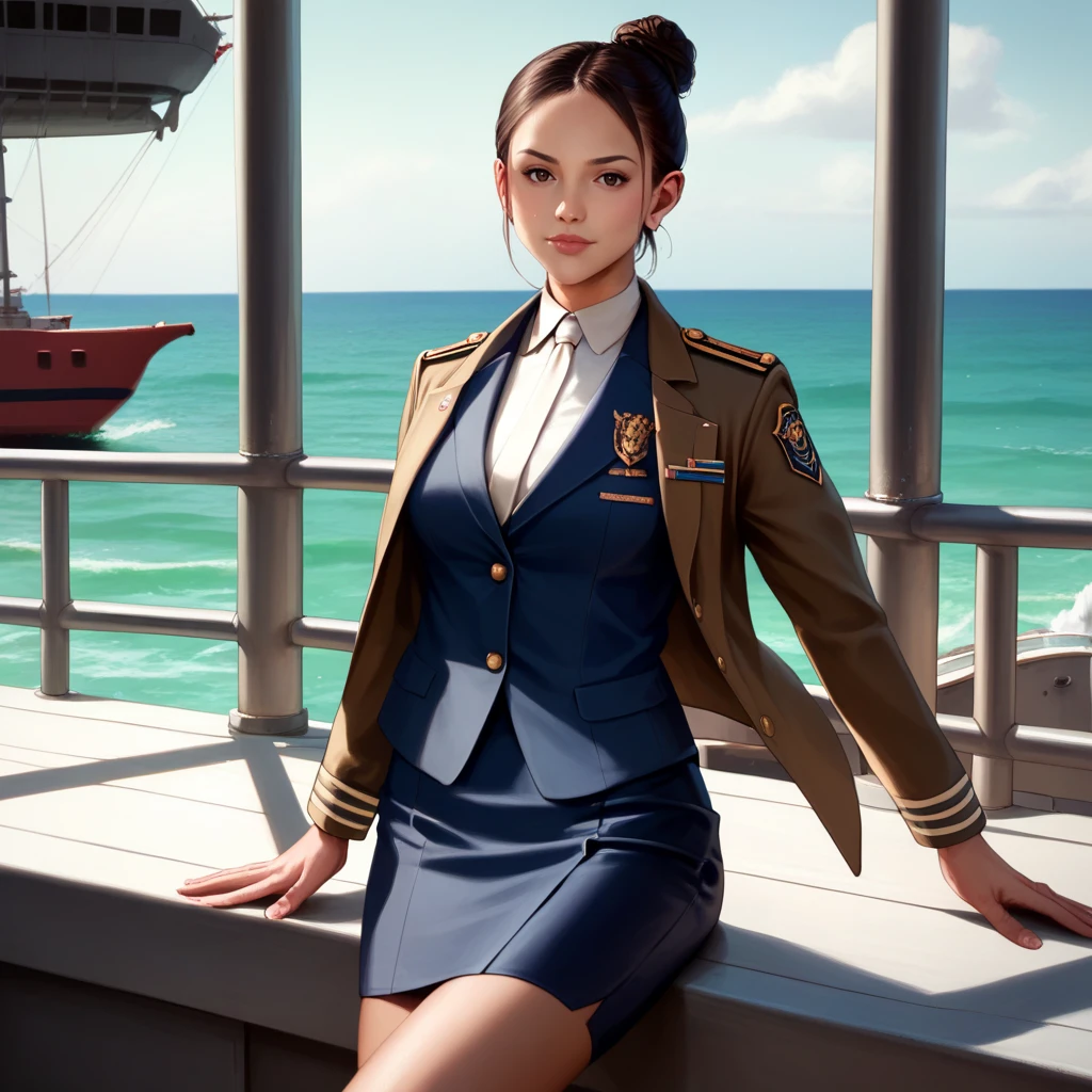 score_9, score_8_up, score_7_up, source_anime, professional photograph of (eiza woman), navy uniform, gala navy, skirt, jacket,  brown eyes, looking at the viewer, hair bun, on a ship, ocean in the background, highly detailed, realistic look, warm lighting, <lora:Eiza Gonzalez Pony:1>