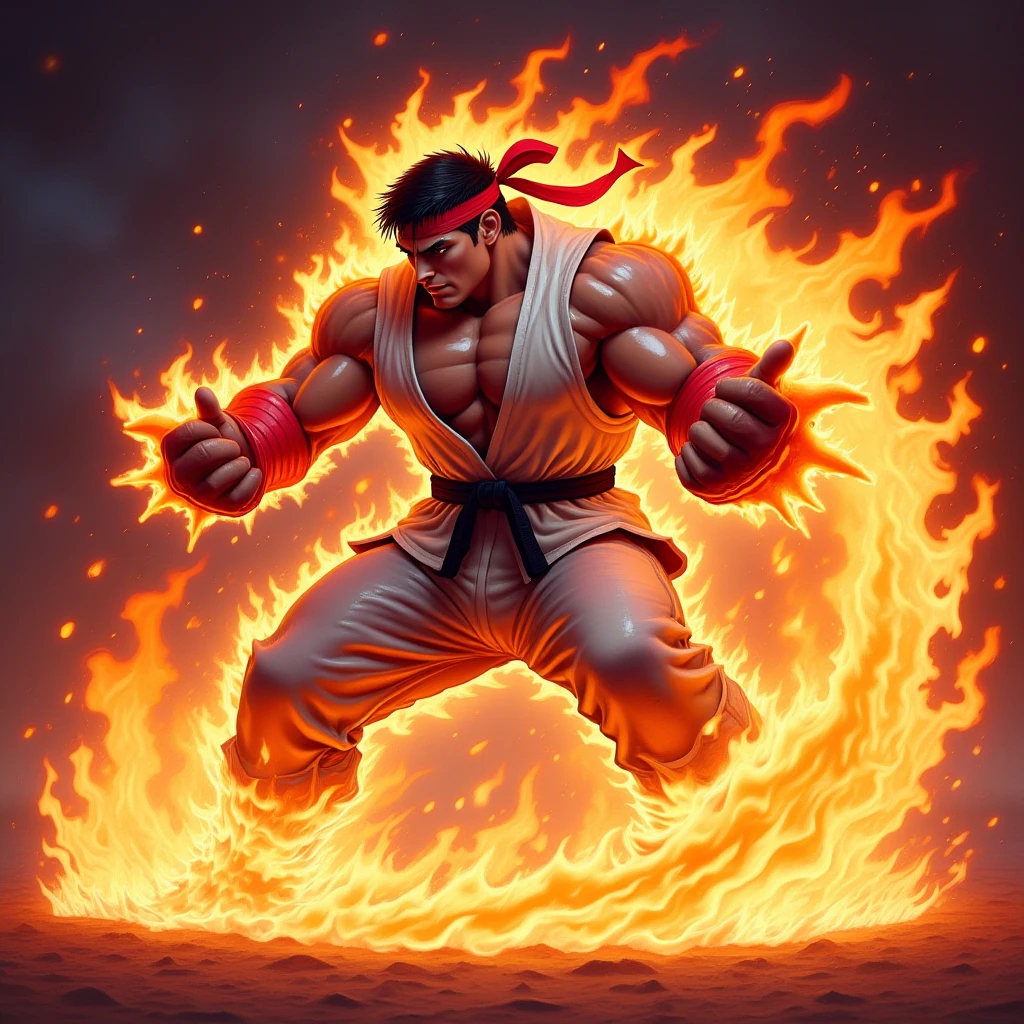 Street Fighter style fighter on fire . vibrant, dynamic, arcade, 2D fighting game, highly detailed, reminiscent of Street Fighter series