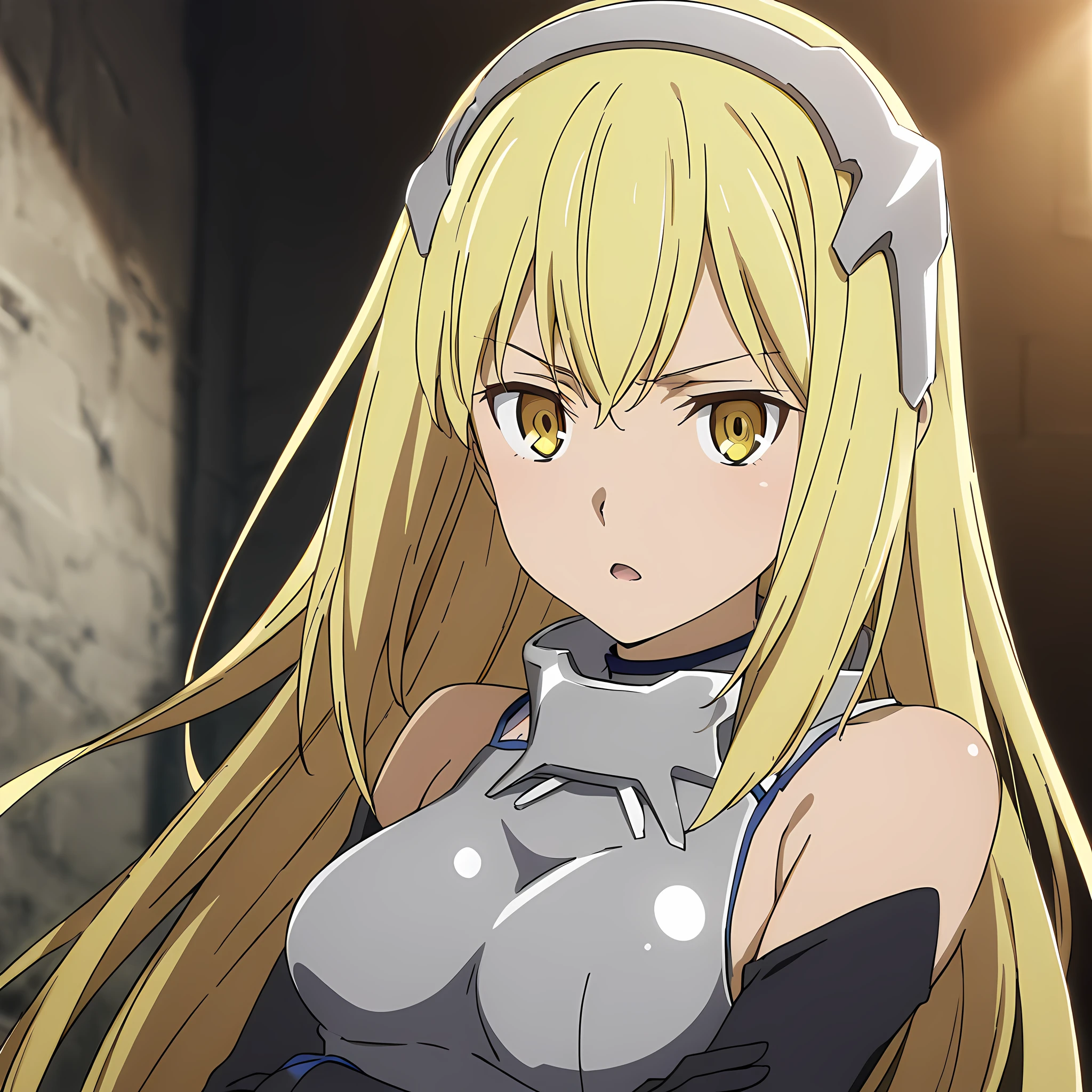 ais_wallenstein, 1girl, solo, blonde hair, long hair, yellow eyes, medium breasts, armor, breastplate, dress, white background, looking at viewer, armpits, crossed arms, open mouth, serious look, simple background, upper body, portrait, anime coloring<lora:Ais_Wallenstein:1>, (masterpiece),(best quality),(ultra-detailed),(best illustration),(best shadow),(absurdres),(detailed background),(very aesthetic),