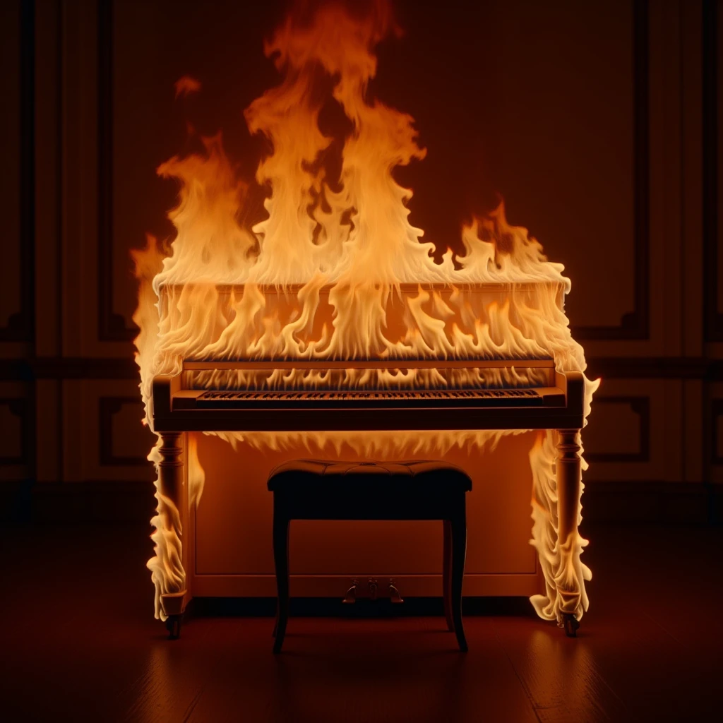 piano covered in flames, placed in a room