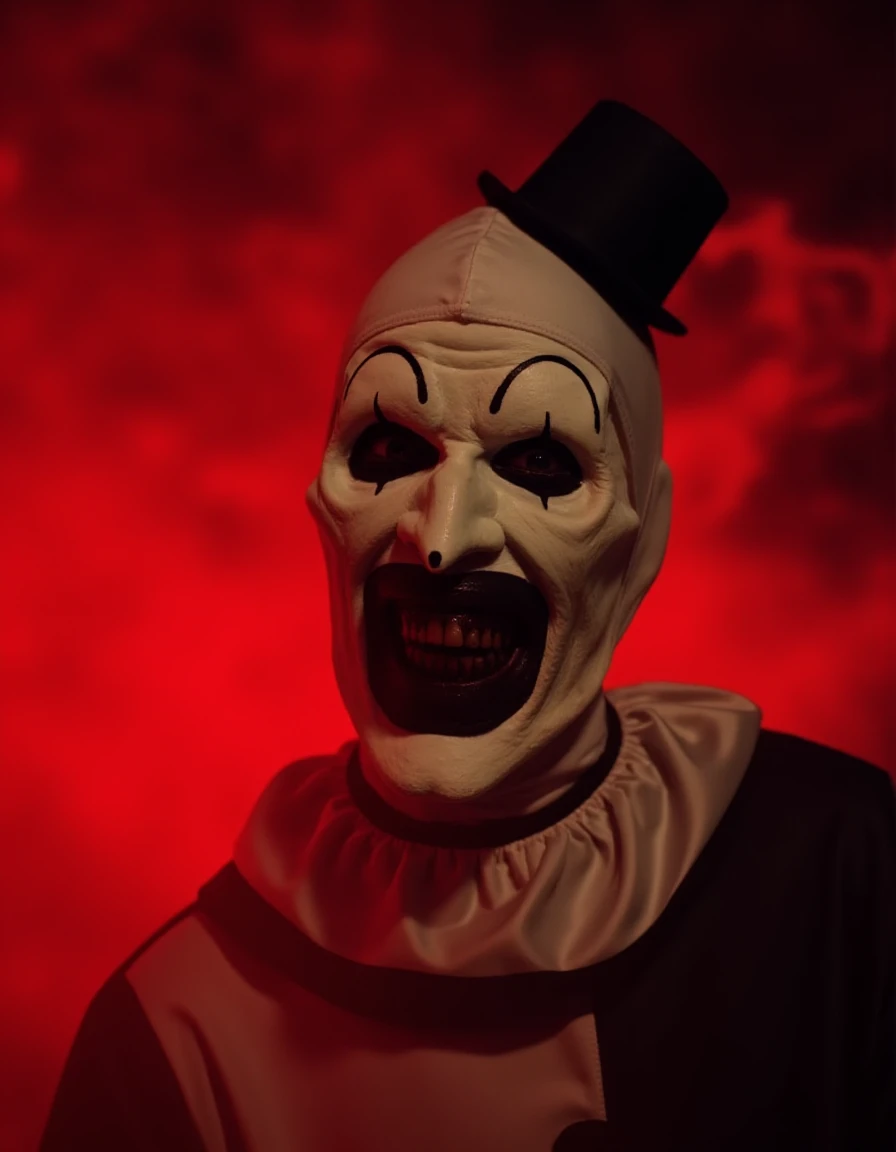 Closeup shot of Art The Clown with a creepy smile on his face, background is red glowing smoke