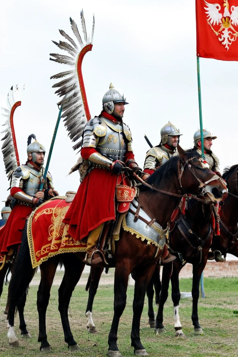 hires digital photo, photorealism, simple white background, group, multiple males, from side, on horsebacks, wearing winged_hussar_armor, holding sheathed sabre, hilt grip, hat, breastplate, pauldrons, guantlets, boots, red and yellow caparisoned horse, red banner depicting a white aquila <lora:Polish_Hussar_Armor_XL-000013:0.8>, intricate details, high resolution,