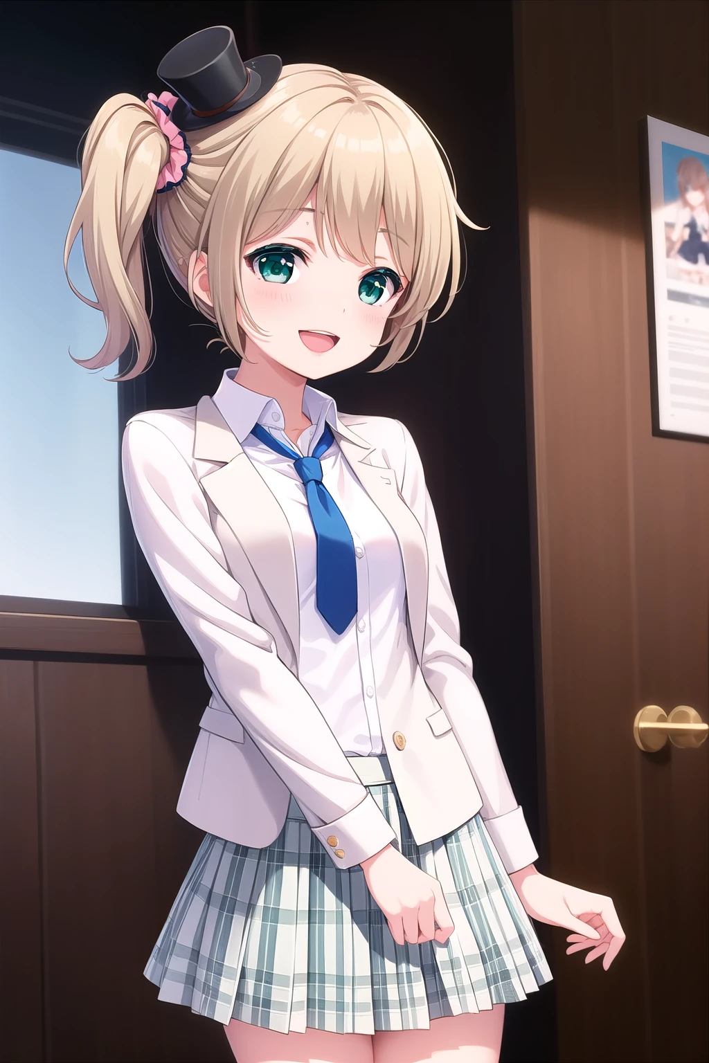 (masterpiece, best quality), highly detailed background, perfect lightingbest quality, etokurumi, solo, indoors, mini top hat, plaid bow, blonde hair, hair scrunchie, striped scrunchie, side ponytail, bangs, short hair, green eyes, small breasts, white jacket, open jacket, blue necktie, collared shirt, blue shirt, white skirt, tree-tone skirt, plaid skirt, smile, open mouth, :d, pink lips, <lora:Eto-Kurumi:0.7>