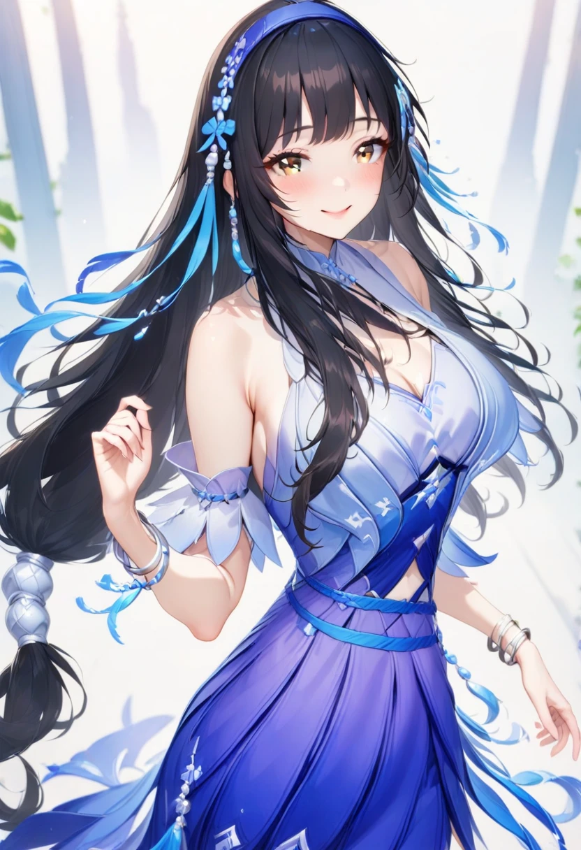 ebifurya,
<lora:xishi_pony:1>,xishi,1girl,solo,breasts,long hair,hairband,black hair,cleavage,large breasts,jewelry,bracelet,hair ornament,very long hair,bare shoulders,official alternate costume,smile,brown eyes,dress,skirt,clothing cutout,looking at viewer,blush,blue hairband,sleeveless,detached sleeves,yellow eyes,
from behind,