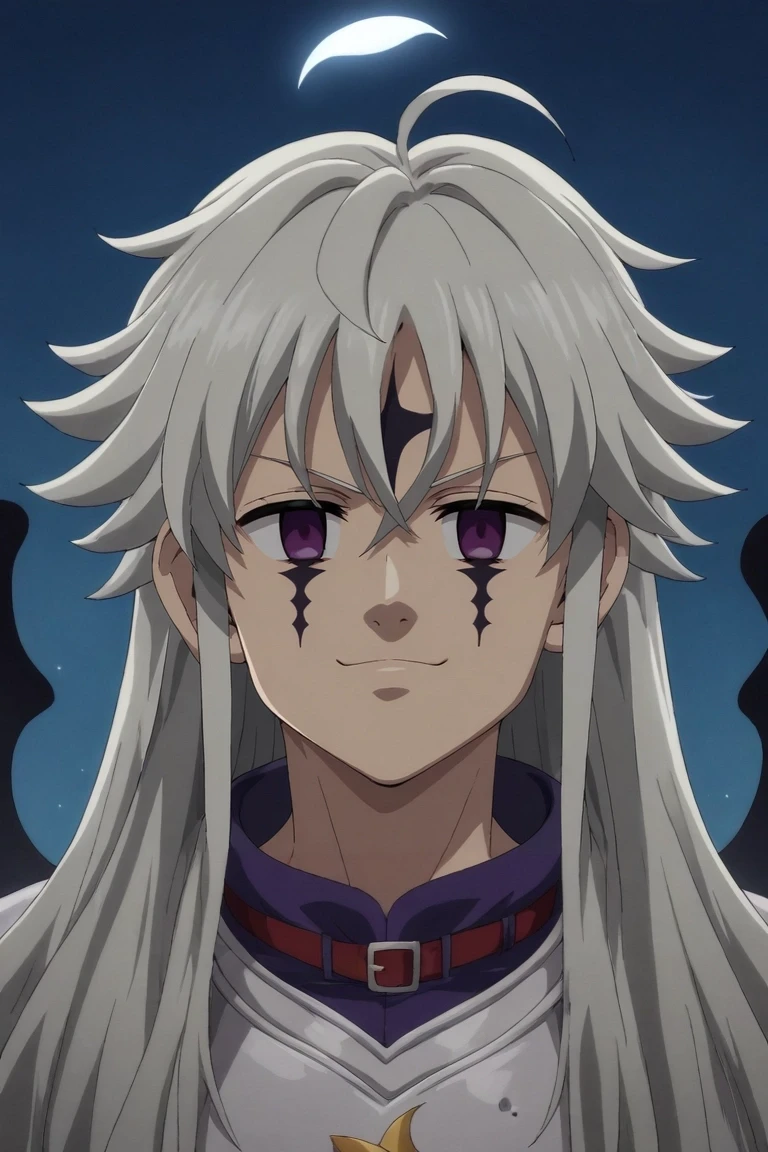 score_9, score_8_up, score_7_up, source_anime, rating_safe, , (3d:0.4), , , 1boy, solo, male focus, <lora:tristan_liones_pony:0.78>, tristan_liones, grey hair, purple eyes, empty eyes, long hair, ahoge, facial mark, wings, wide angle, wide shot, full body, cold, ice, night, crescent moon, singing, smirk, comic book character costume, <lora:sdxl_lightning_8step_lora:1>