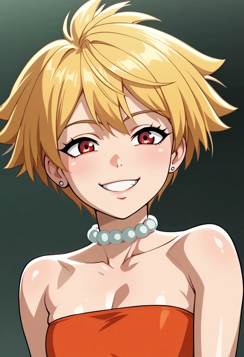 score_9, score_8_up, score_7_up, deep skin, shiny skin, (skindentation), (((highres))), (highly detailed, high resolution), , high quality, highres, source_anime, animification, anime screencap, saturation, vivid colors,, smile, cute, , sexy, LisaSimDT, 1girl, blonde hair, red eyes, short hair, brown jacket, strapless dress, orange dress,  jewelry, necklace,, solo, smile