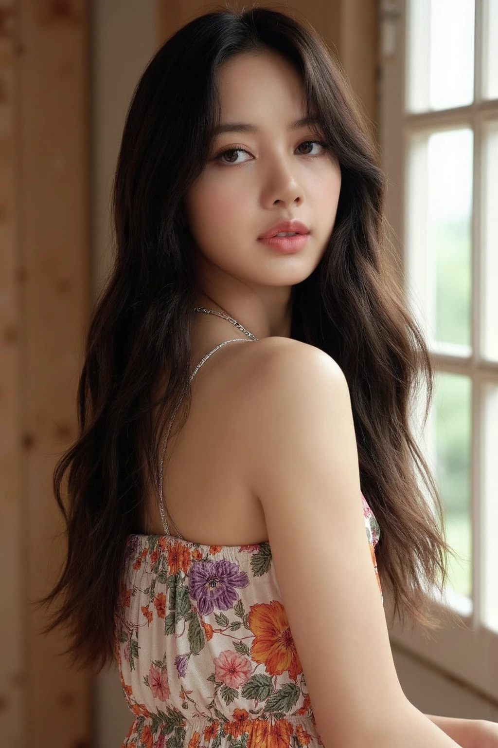 bright photo of beautiful asian girl with long wavy hair wearing bohemian dress with flower pattern, inside a bright rustic house with windows, necklace,studio lighting, realistic light reflections, , detailed skin, <lora:flux_realism_lora:1>, <lora:makinaflux_lisa_v1.0:1>