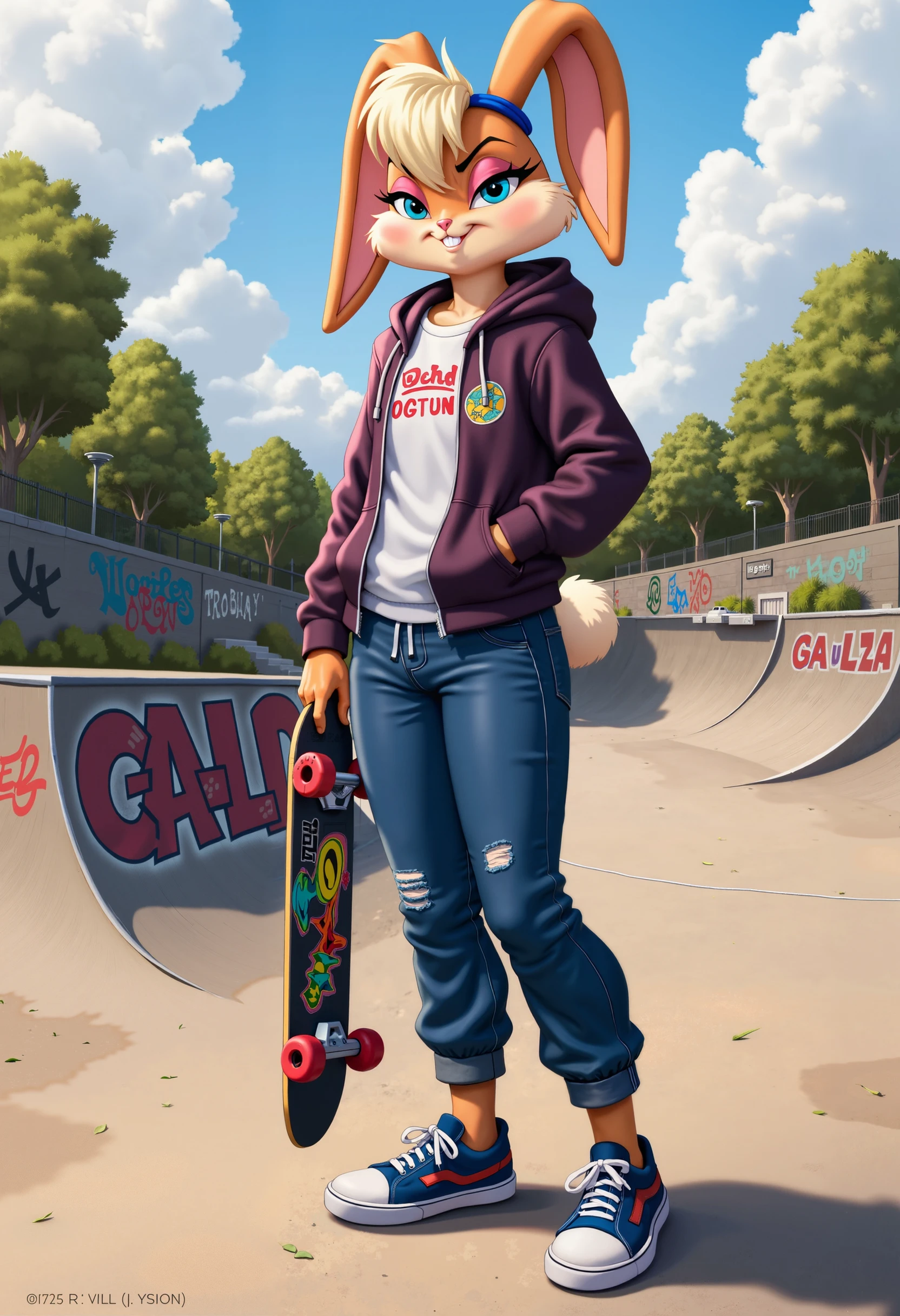 Lola Bunny in a casual hoodie and jeans, holding a skateboard and standing at a skate park with ramps and graffiti-covered walls.
