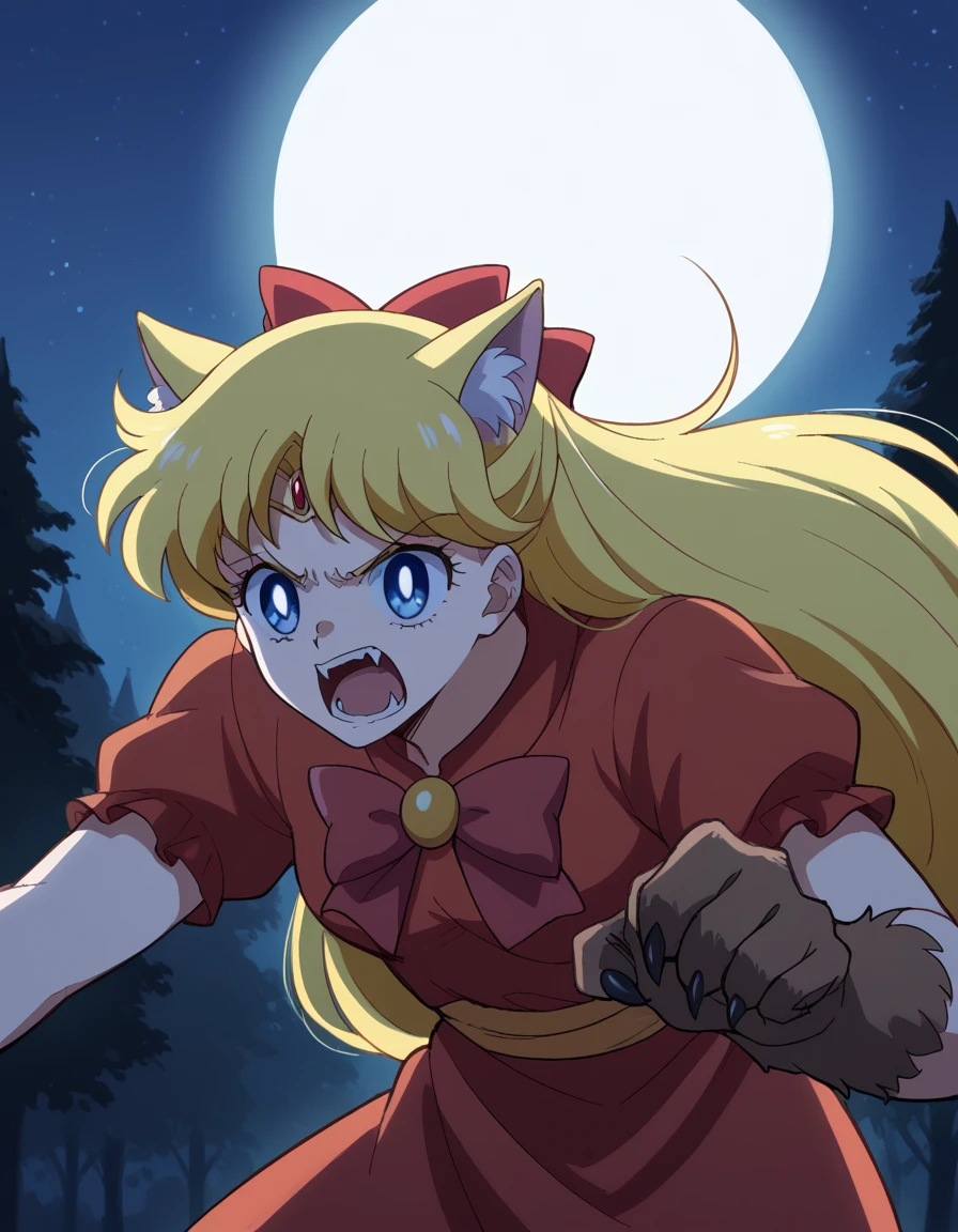 score_9, score_8_up, score_7_up, source_anime, <lora:minako-aino-eternal-movie1-ponyxl-lora-nochekaiser:1>, minako aino, blonde hair, blue eyes, bow, hair bow, half updo, long hair, red bow, tiara,, <lora:werewolf-ponyxl-lora-nochekaiser:1>, werewolf, furry, fangs, animal ears, gloves, angry, teeth, animal ear fluff,, forest, night, moon, open mouth,, cowboy shot