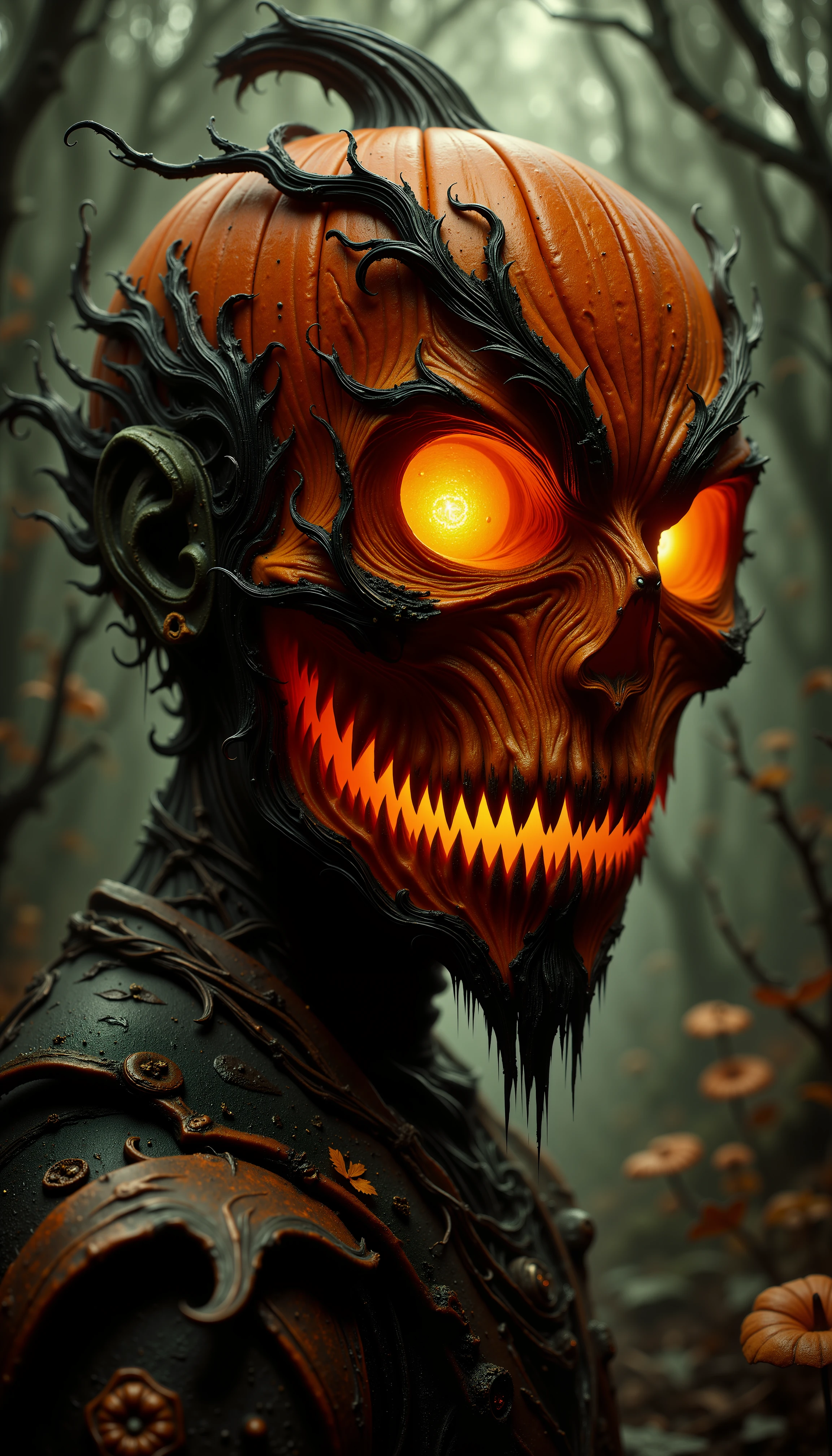 Close-up portrait of a pumpkin head man, <lora:Flux_Eerie Ghoulish Style ð_epoch_5.safetensors:1.0:1.0>