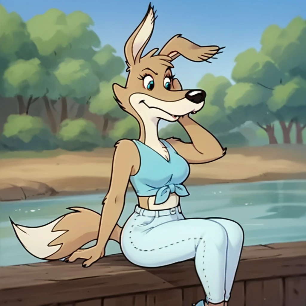 score_9, score_8_up, score_7_up, score_6_up, score_5_up, score_4_up, source_furry, Daisybb, anthro, female, Dingo, brown fur,  sitting on a river bank, crop top, tied shirt, high heels, blue shirt, jeans, blue shoes, <lora:77653734-25d2-4f70-b87c-3ae9801ec0ef:0.7>