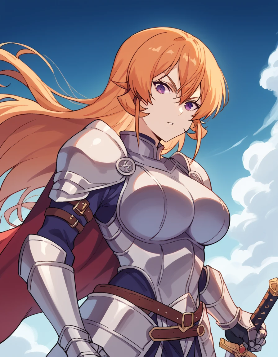 score_9, score_8_up, score_7_up, source_anime, <lora:erina-nakiri-s1-ponyxl-lora-nochekaiser:1>, erina nakiri, long hair, orange hair, purple eyes, hair between eyes, large breasts, <lora:knight-ponyxl-lora-nochekaiser:1>, knight, armor, cape, sword, weapon, holding weapon, shoulder armor, gauntlets, helmet, pauldrons, red cape,, blue sky, clouds, from below, parted lips, looking at viewer