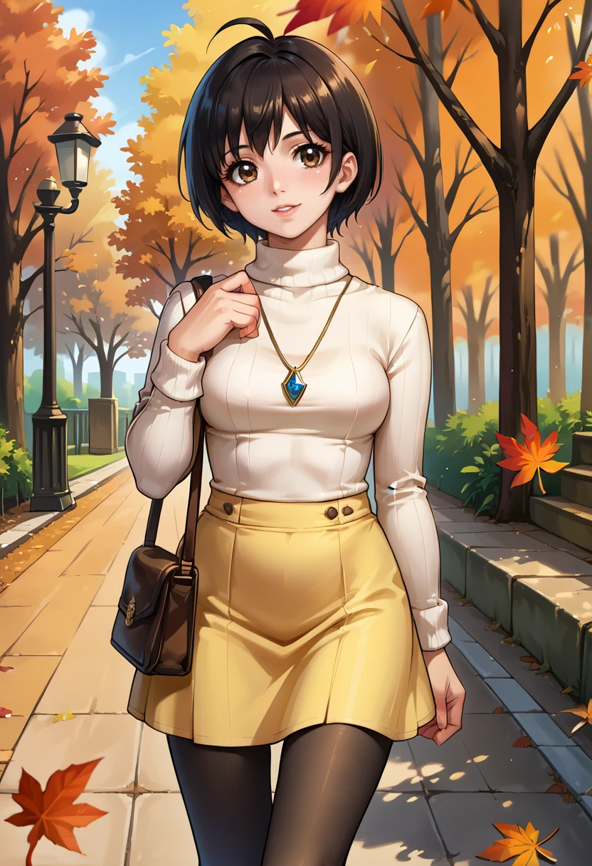 score_9, score_8_up, score_7_up, source_anime, 1girl, solo, cowboy shot, park, autumn leaves,
BREAK <lora:LauraRDXL:1> lauraRD, black hair, short hair, ahoge, brown eyes, white sweater, blue pendant, yellow skirt, pantyhose, boots, handbag,