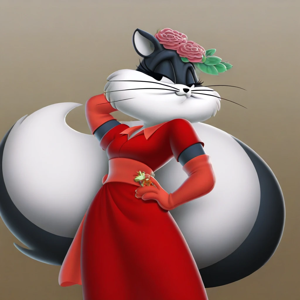 and large, giving it a feminine touch. The image is a digital illustration of a stylized cartoon character, elegant pose, stands confidently with one hand on her hip and the other on her head, elegant outfit. The image is a digital illustration of a stylized, bushy tail that curls behind it., and a fluffy, elegant outfit., black and white striped fur and is dressed in a sophisticated, giving the character a refined appearance., and the tip of its tail. This image is a digital illustration of a stylized cartoon character, delicate red flower and a green leaf on the side, expressive eyes that are closed