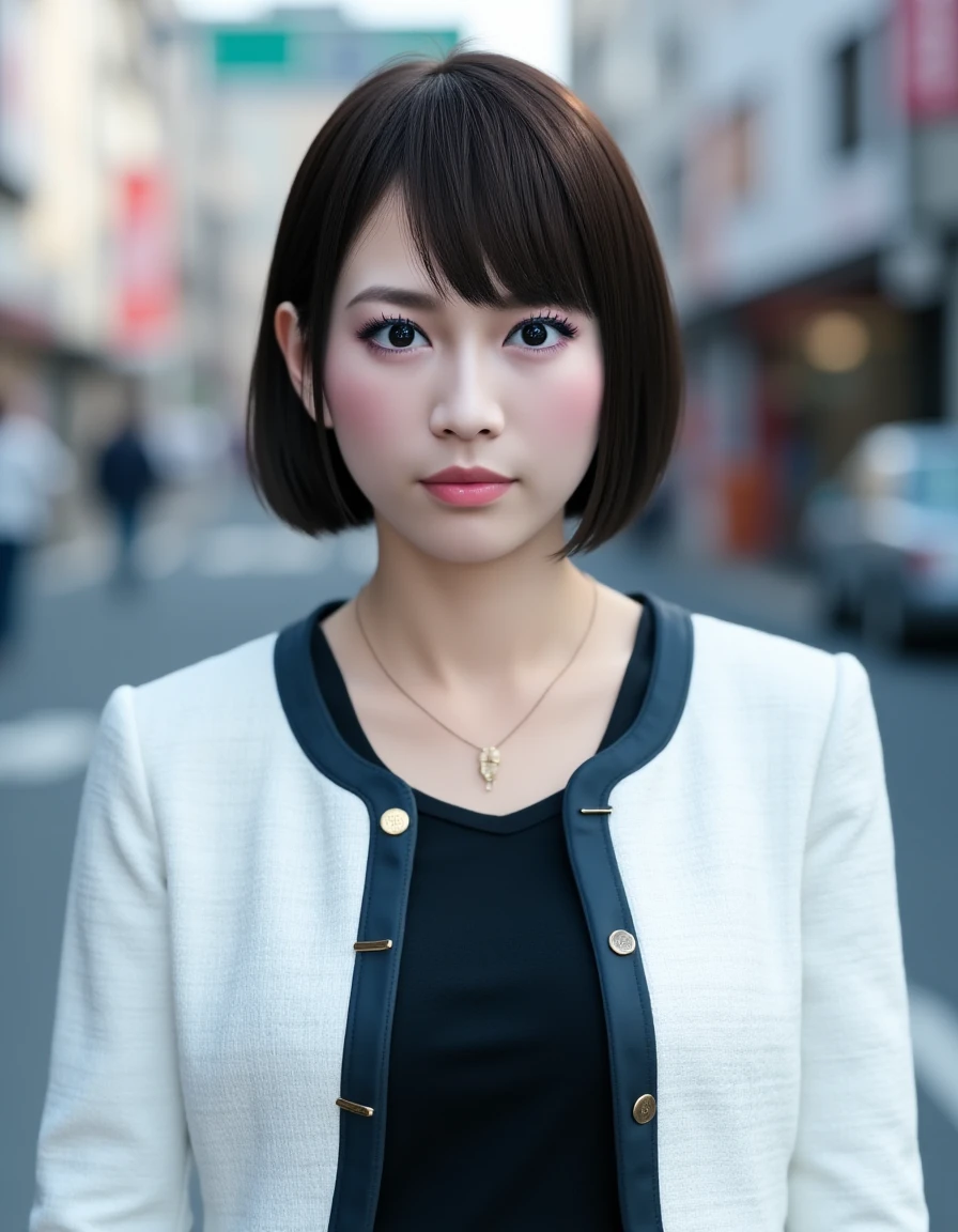 Full body photo of young Japanese woman with a neutral expression. She has dark brown bob cut hairstyle and is wearing a necklace and a white textured blazer with dark trim and gold buttons over black tank top. The background implies a Japanese city street at daytime. <lora:Saeko_Mukoda_-_Flux-000001:0.8>