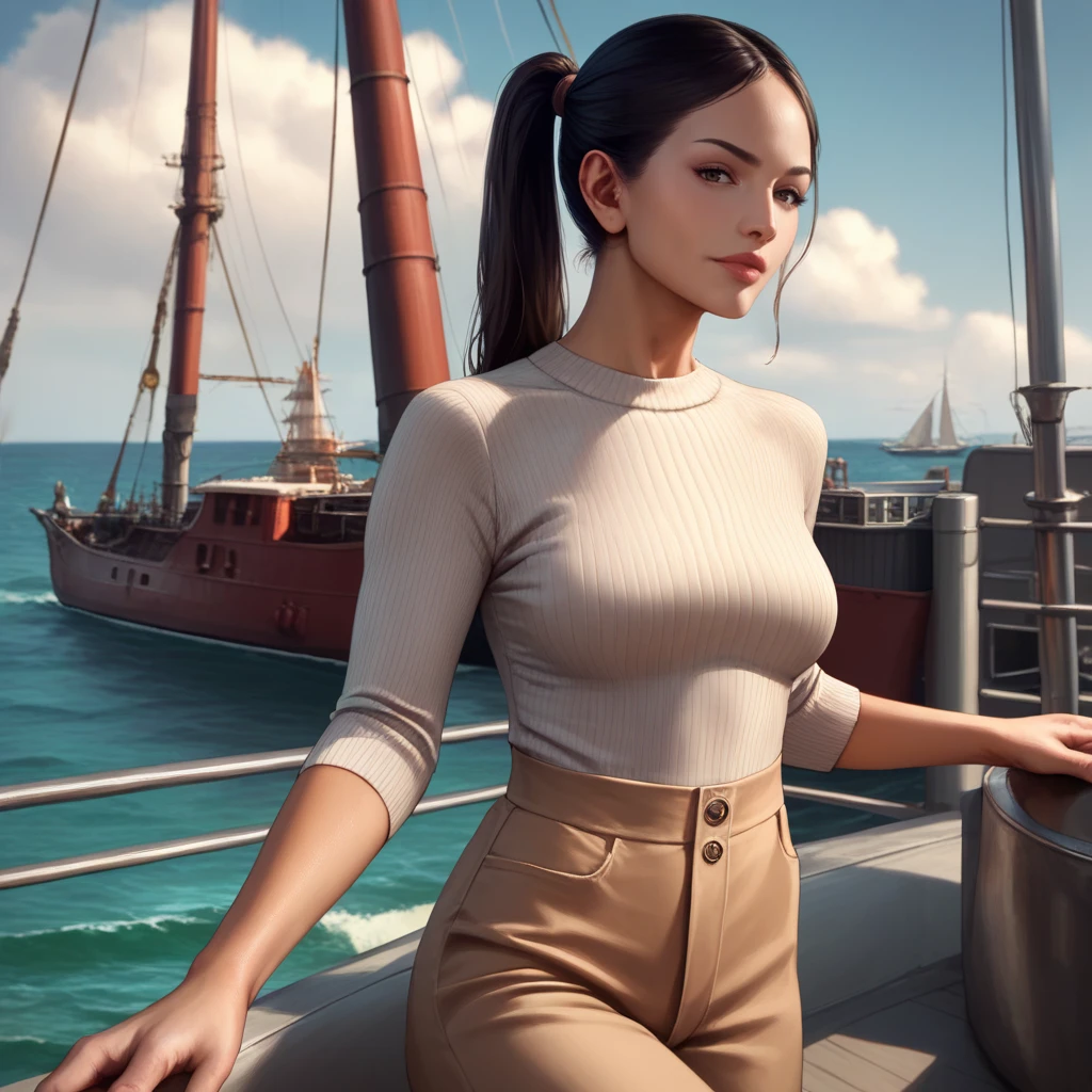 score_9, score_8_up, score_7_up, source_anime, professional photograph of (eiza woman), modern clothes, casual clothes, looking at the viewer, ponytail, long hair, dark hair, on a ship, ocean in the background, highly detailed, realistic look, warm lighting, <lora:Eiza Gonzalez Pony:1>