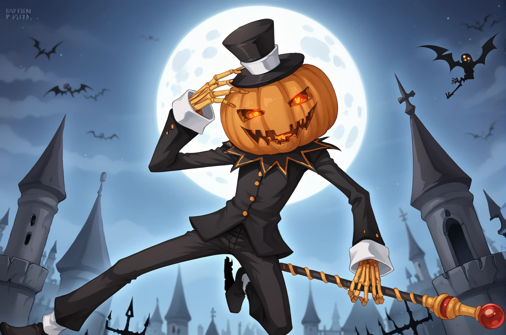 jakkRo, top hat, pumpkin head, black pants, glowing eyes, suit, long sleeves, no human,  skeleton hands,
holding staff, solo, holding hat,
jumping, full  body, looking at viewer,
night, tomb, dark atmosphere, full moon, haunted castle background,
<lora:jakkRoPonyV1.2-000006:0.95>