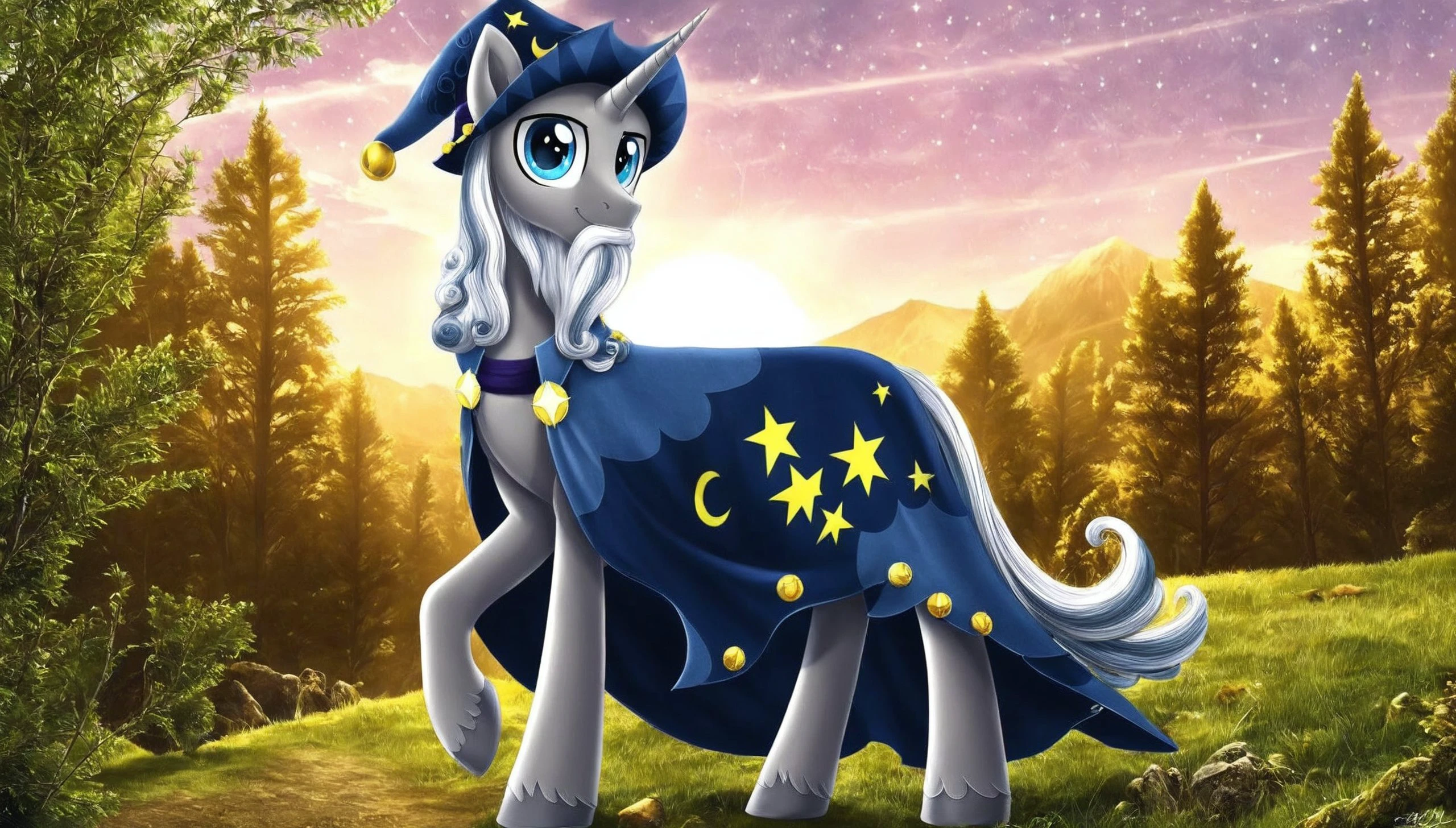 <lora:Star Swirl:1>Star Swirl, male,  unicorn, solo, gray body, middle age, blue coat, hat, blue eyes,Big forest with yellow, green and red leaves at sunset, in the background, fantasy, professional canvas, triad colours, deep colour, voluminous lighting, shading with dark edges, richly detailed, matte background, octane render style. (cute, pony, small,) (high quality, detailed, beautiful), radiant, adorable face, detailed beautiful eyes, realistic, outstanding, counter shading, detailed soft lighting, cinematic vintage photography.