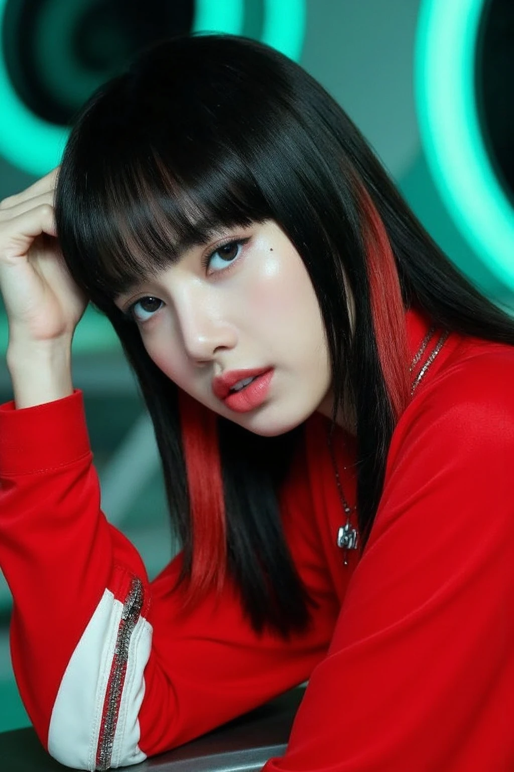 young korean woman with straight, black hair that has a hint of red at the ends. She is wearing a stylish red outfit with a futuristic design, which includes metallic accents and a zipper detail. Her pose is slightly tilted, with her head resting on her hand, giving a confident and intense gaze toward the camera. The background features a circular, sci-fi-like setting with teal and black colors, contributing to the futuristic and modern aesthetic of the image, <lora:flux_realism_lora:1>, <lora:makinaflux_lisa_v1.0:1>