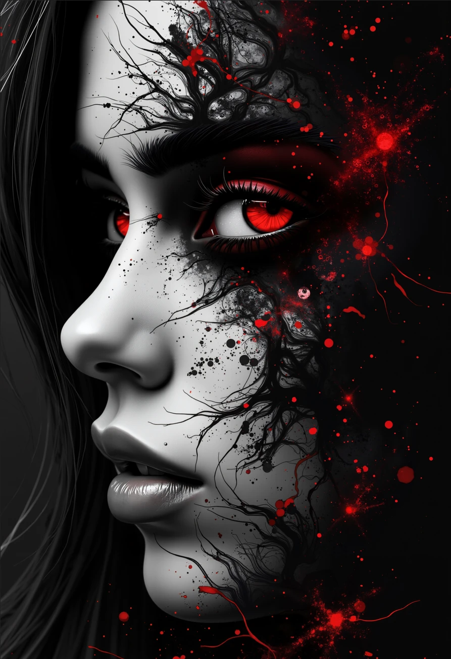 bo-abyss, abstract monochrome composition with splashes of deep red accents, high quality, ultra detailed, colorful, abstract, particles, fantasy, partially blended with abstract digital elements. the background features layers of glitch art,, The image is a black and white close-up portrait of a woman's face. The face is detailed and realistic, with intricate lines and curves that create a sense of depth and dimension. The woman's eyes are large and expressive, with long eyelashes that are slightly curled at the tips. Her nose is prominent in the center of the image, with a small nose piercing. Her lips are slightly parted, as if she is about to speak. Her hair is long and flowing, cascading down her back. The overall mood of the portrait is mysterious and captivating., voxel engine, voxel engine, voxel engine
