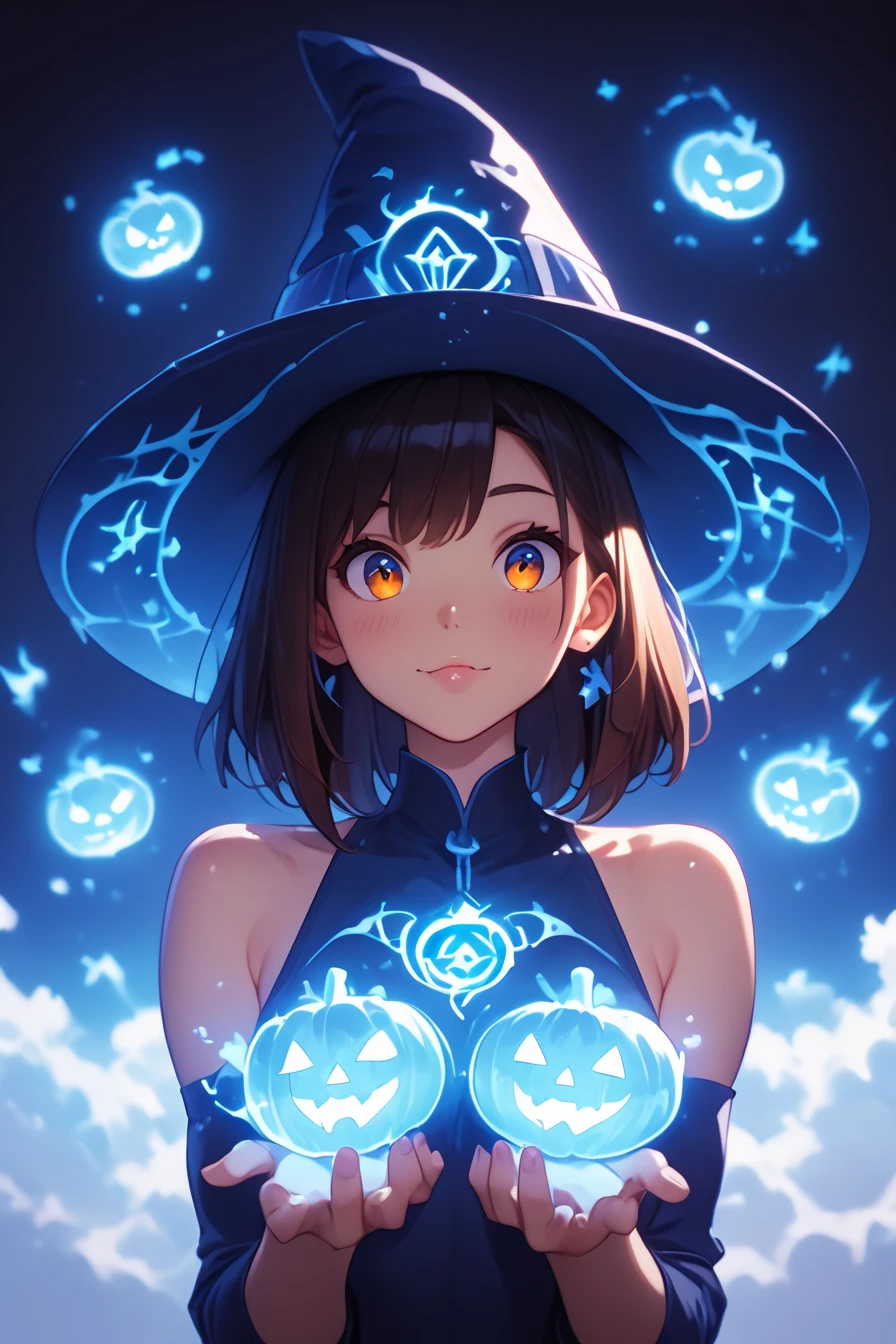 score_9, score_8_up, score_7_up, upscale 2x, (anime-style of an evil and beautiful ice witch holding b(lue glowing pumpkins:1.2) in her hands. She is wearing an oversized white and blue wizard hat and has stylish black hair with beautiful eyes. The background is ice castle with ice-like pumkins floating around her:1.2) (Pumpkin spell:1.3)