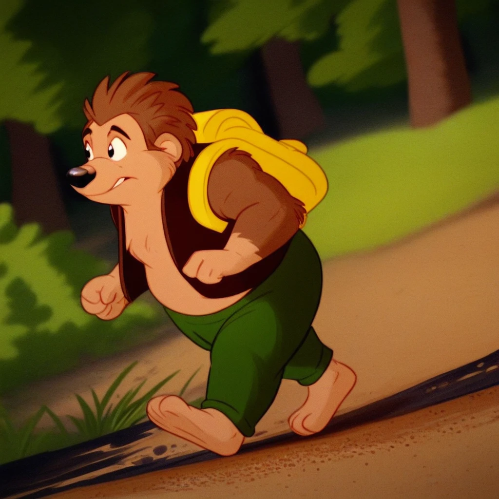 score_9, solo, russel_hh, furry, 1boy, brown hair, vest, green pants, backpack, walking, trees, dirt road