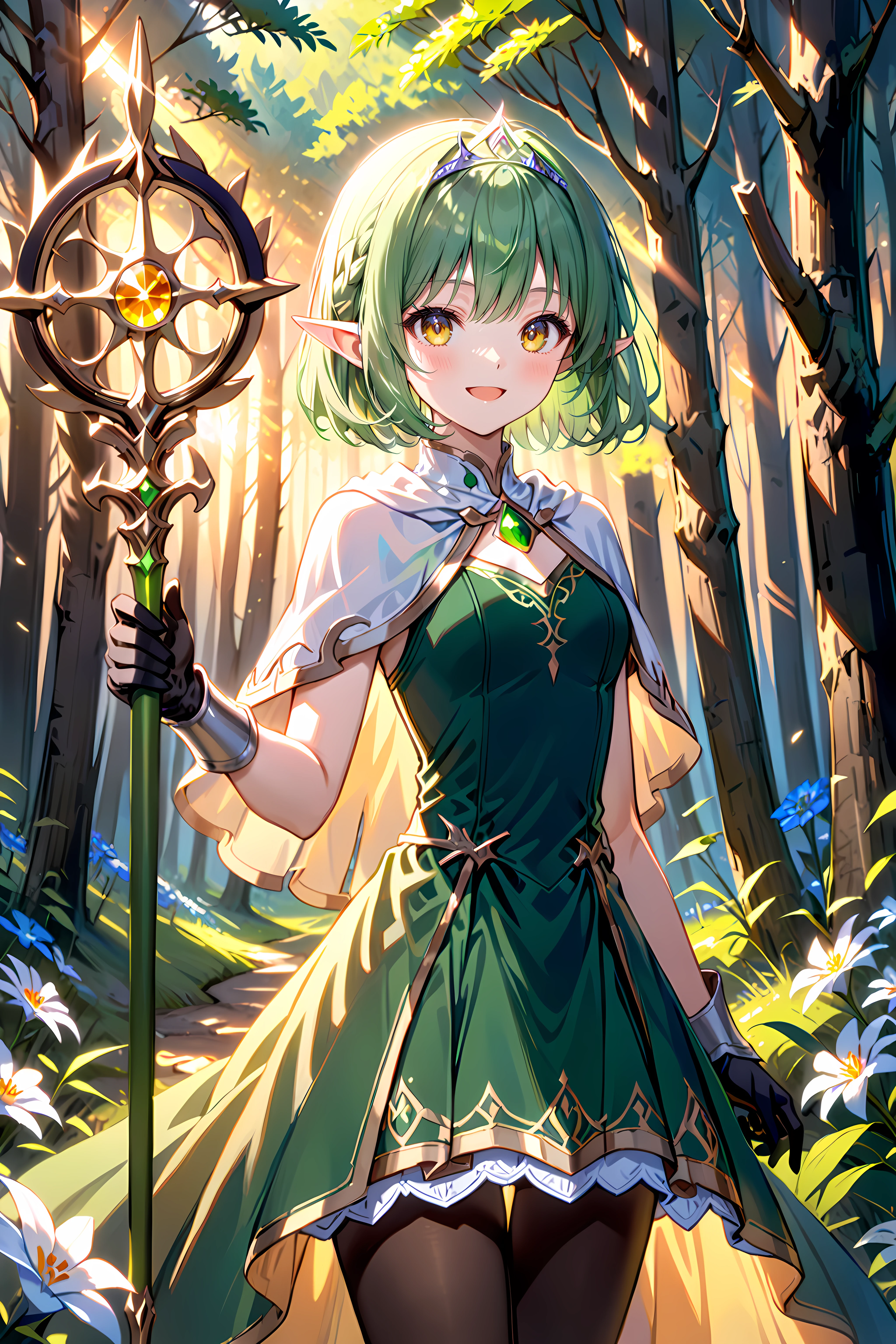 1girl, cowboy shot, standing, short hair, green hair, yellow eyes, elf, pointy ears, tiara, green dress, sleeveless dress, white capelet, black gloves, black pantyhose, open mouth, smile, holding staff, outdoors, nature, forest, flower, golden hour lighting