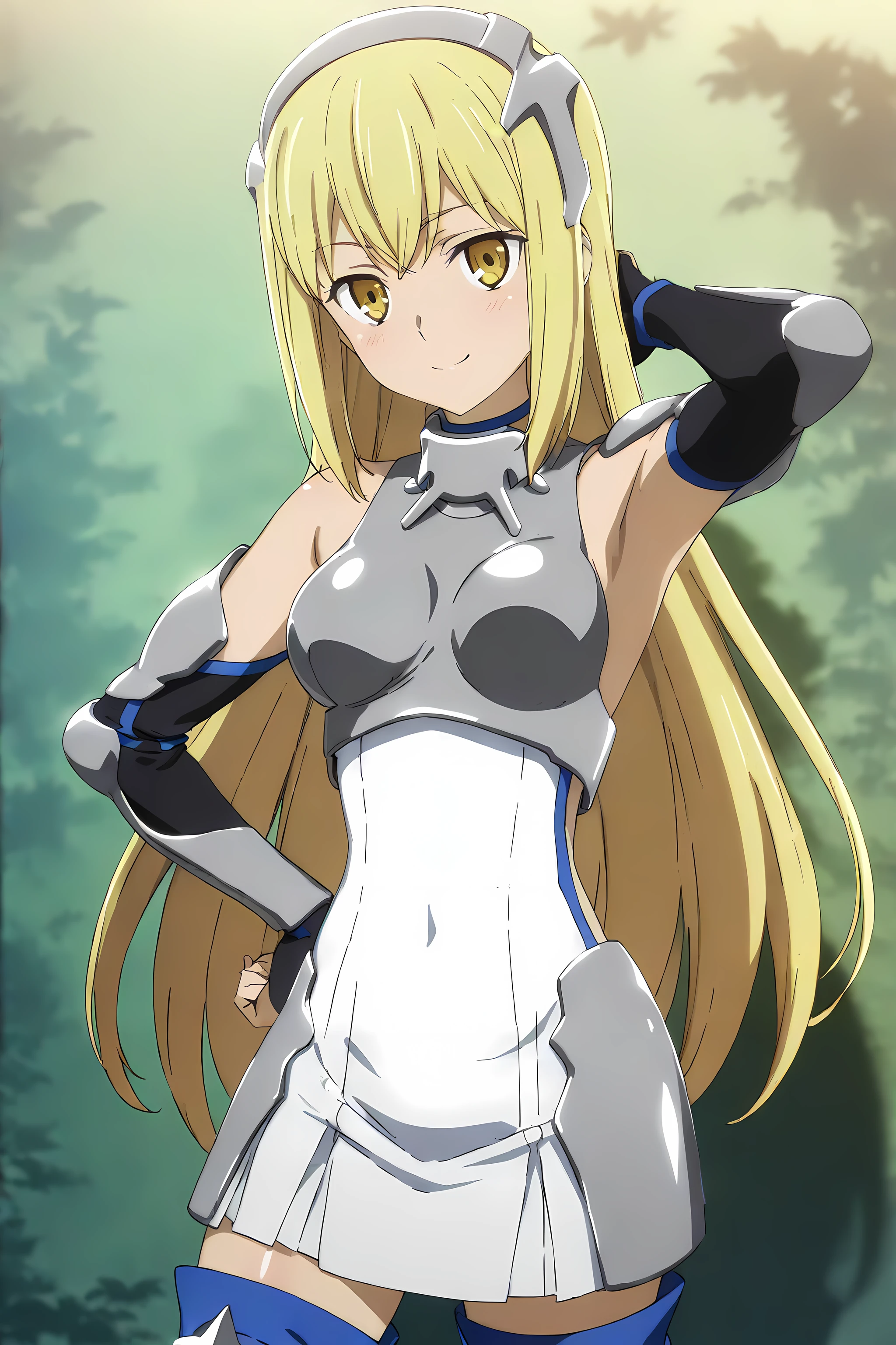 ais_wallenstein, 1girl, solo, blonde hair, long hair, yellow eyes, medium breasts, armor, breastplate, dress, blue thigh boots, white background, looking at viewer, armpits, hand on hip, smile, simple background, cowboy shot, anime coloring<lora:Ais_Wallenstein:1>, (masterpiece),(best quality),(ultra-detailed),(best illustration),(best shadow),(absurdres),(detailed background),(very aesthetic),