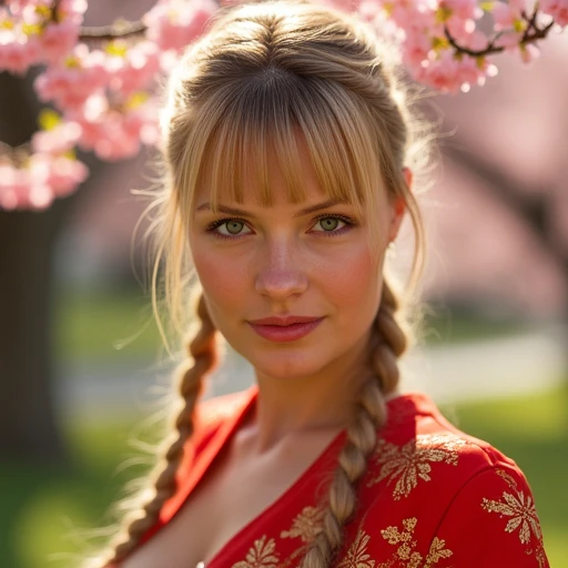 RAW photo,realistic,volumetric lighting, depth of field,cinematic,(masterpiece:1.2),close-up beautiful skinny young woman,european, blue eyes, blonde hair,twin braids,bangs,flat chest,red chinese dress with golden flowers,cleavage outdoors, park,cherry tree, falling cherry blossoms,(sunset:1.2)  <lora:add-detail-xl:1.5> <lora:MJ52:0.9>