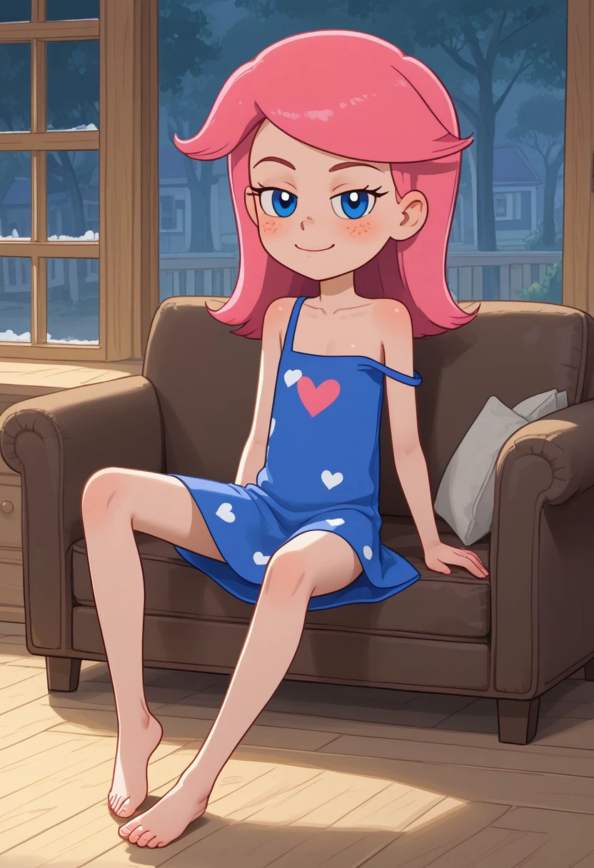 skinny shorty undersized anorexic solo female focus, long pink hair girl,  huge blue eyes, olya, freckles, blush, , looking at viewer , prostokvashino cartoon character, village house veranda background, barefoot, flatchested, blue tube slip dress with heart print, relaxing on armchair, resting pose, sly, smug,